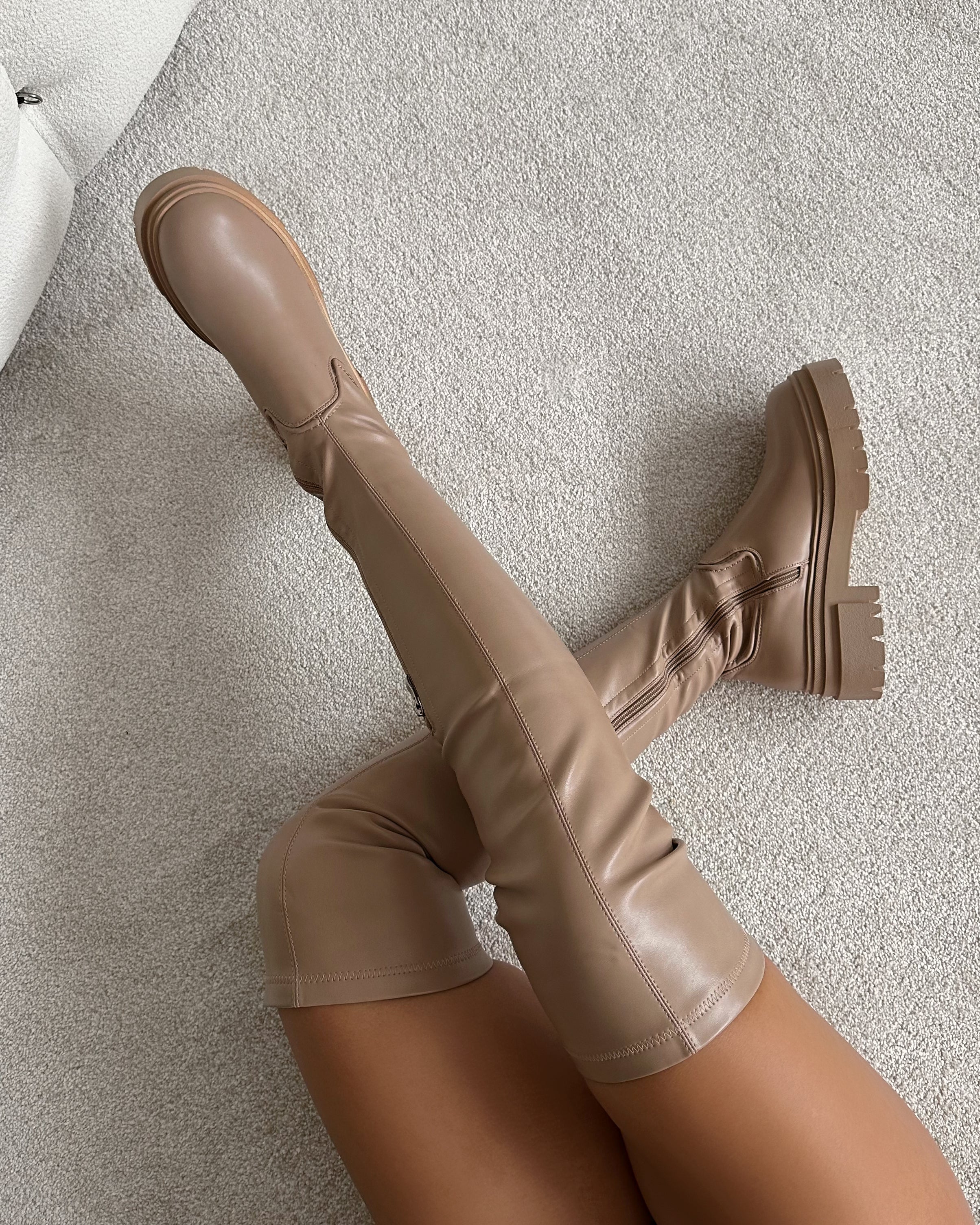 Wezley Dark Nude Flat Over The Knee Thigh High Boots