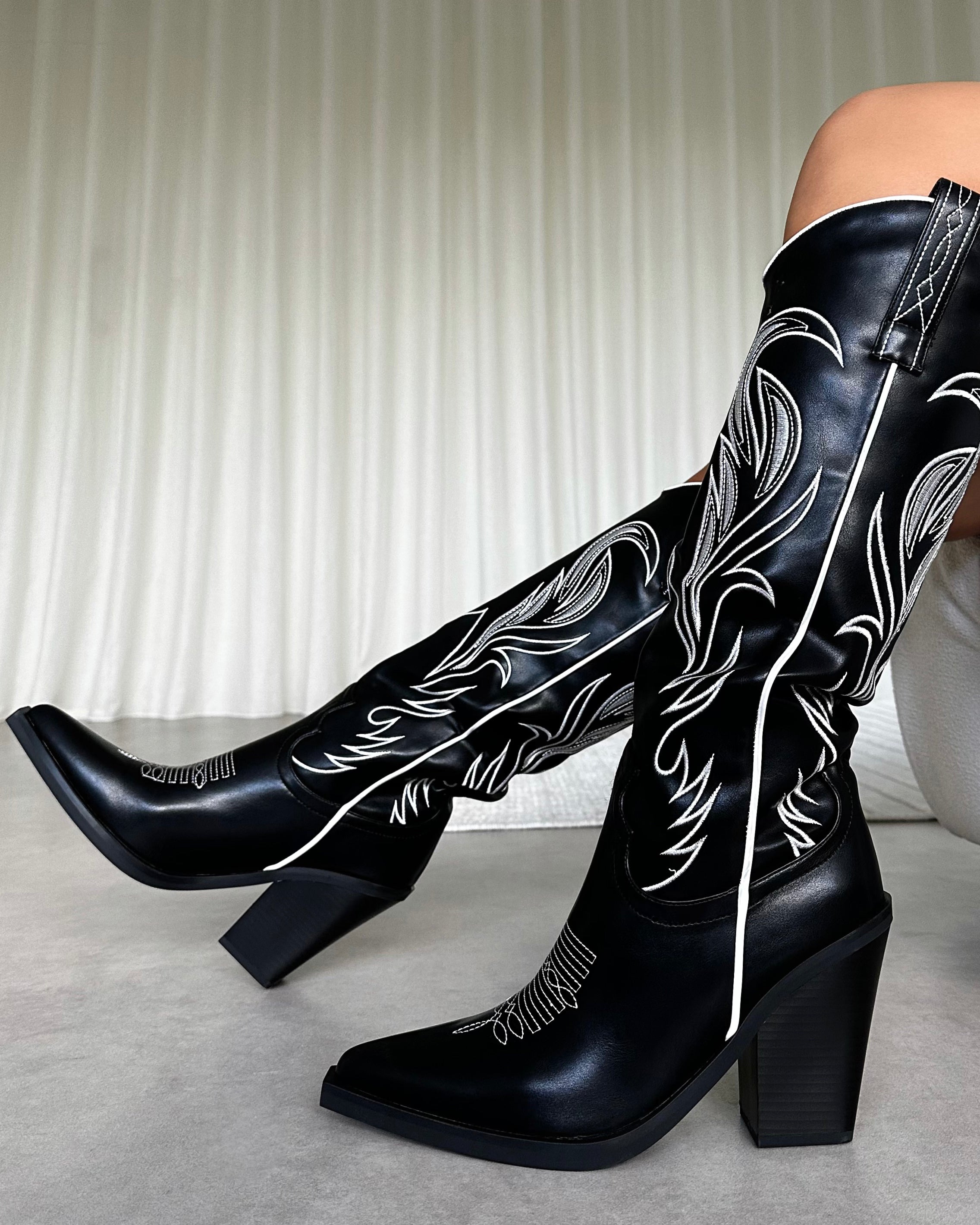 Eagon Black Knee High Western Boots