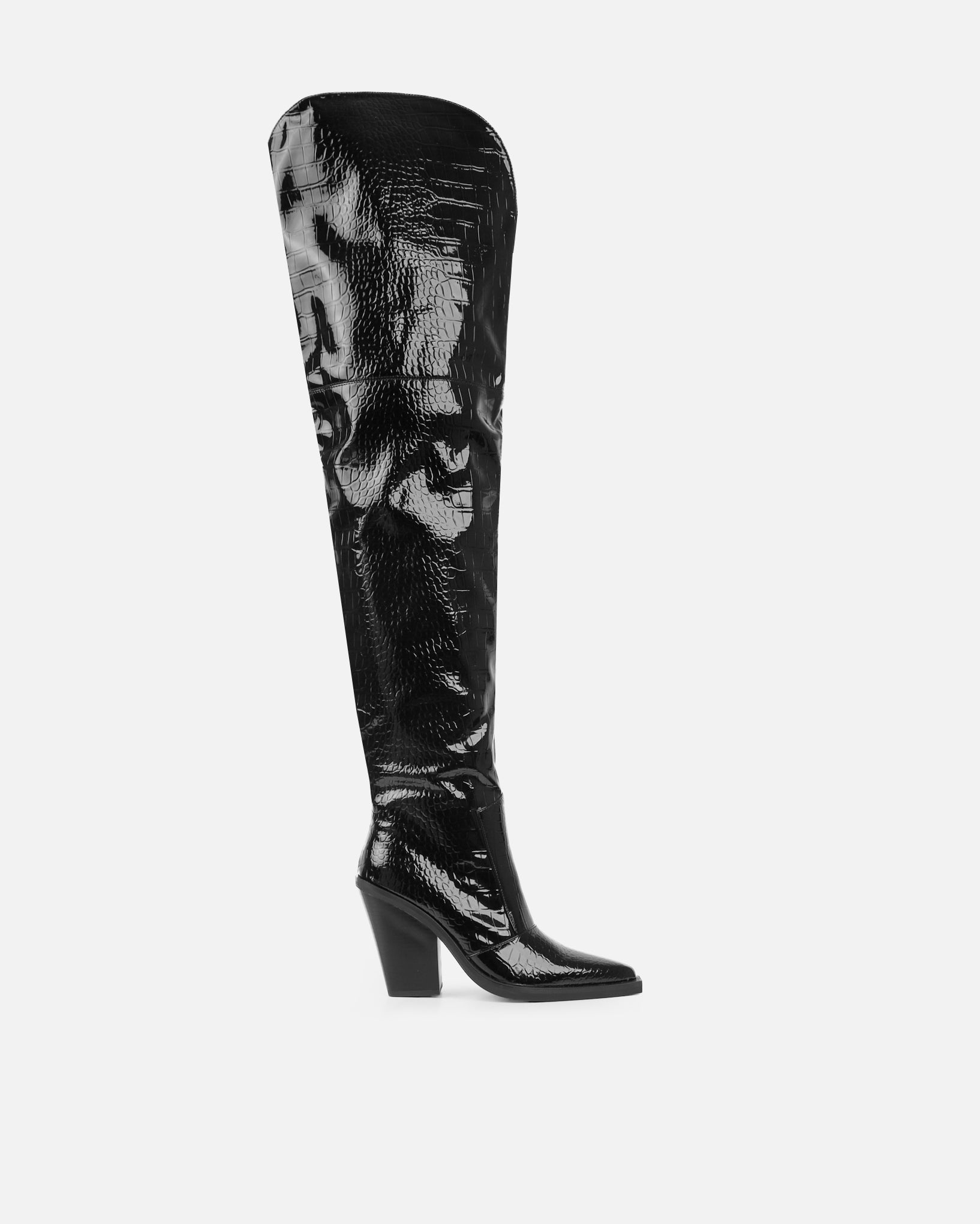Gianni Black Patent Faux Croc Thigh High Western Boots