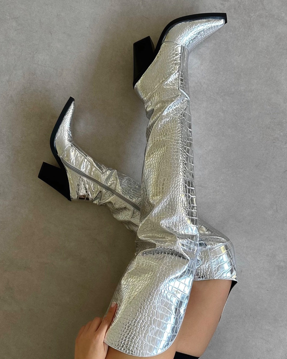Gianni Silver Metallic Faux Croc Thigh High Western Boots