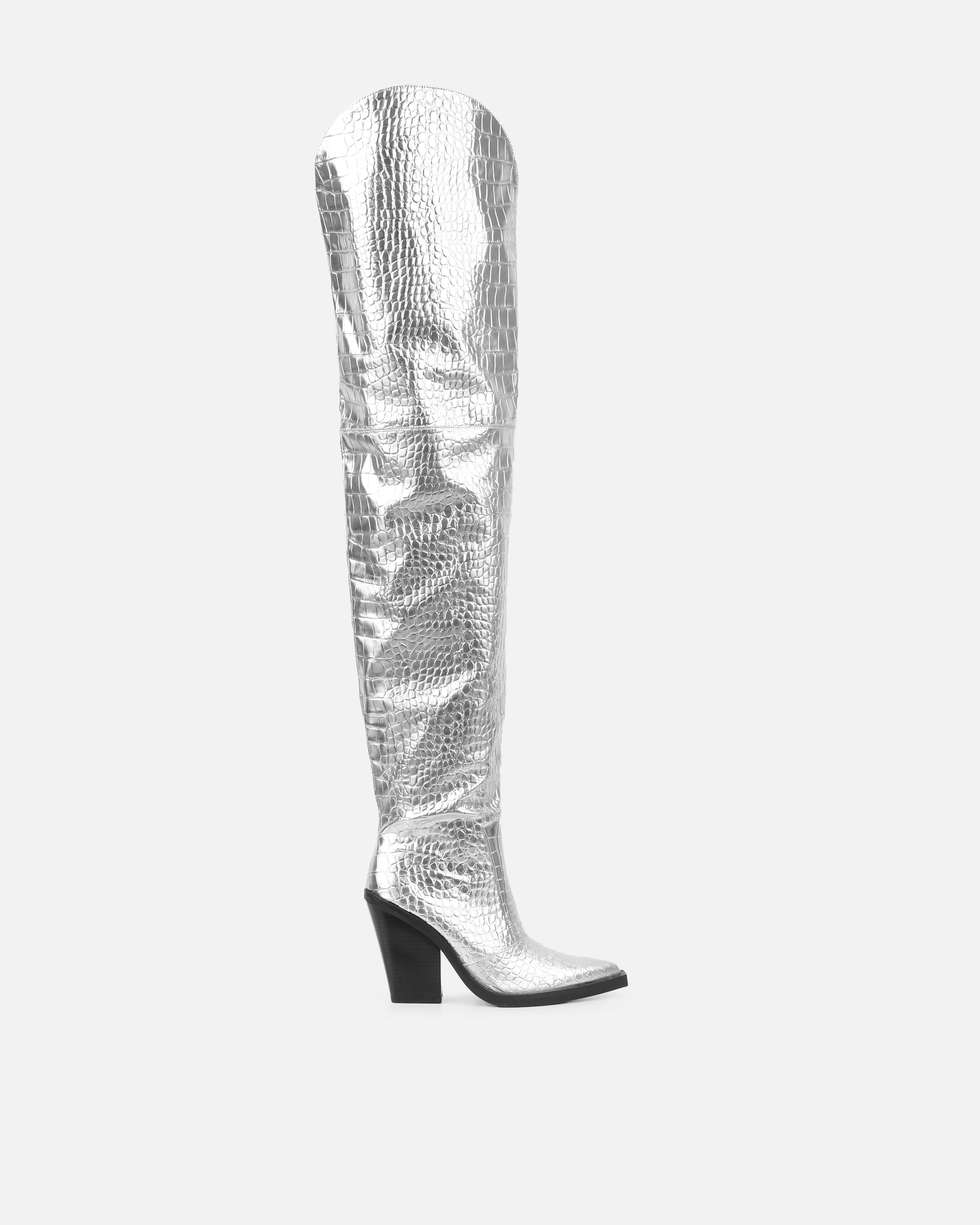 Gianni Silver Metallic Faux Croc Thigh High Western Boots