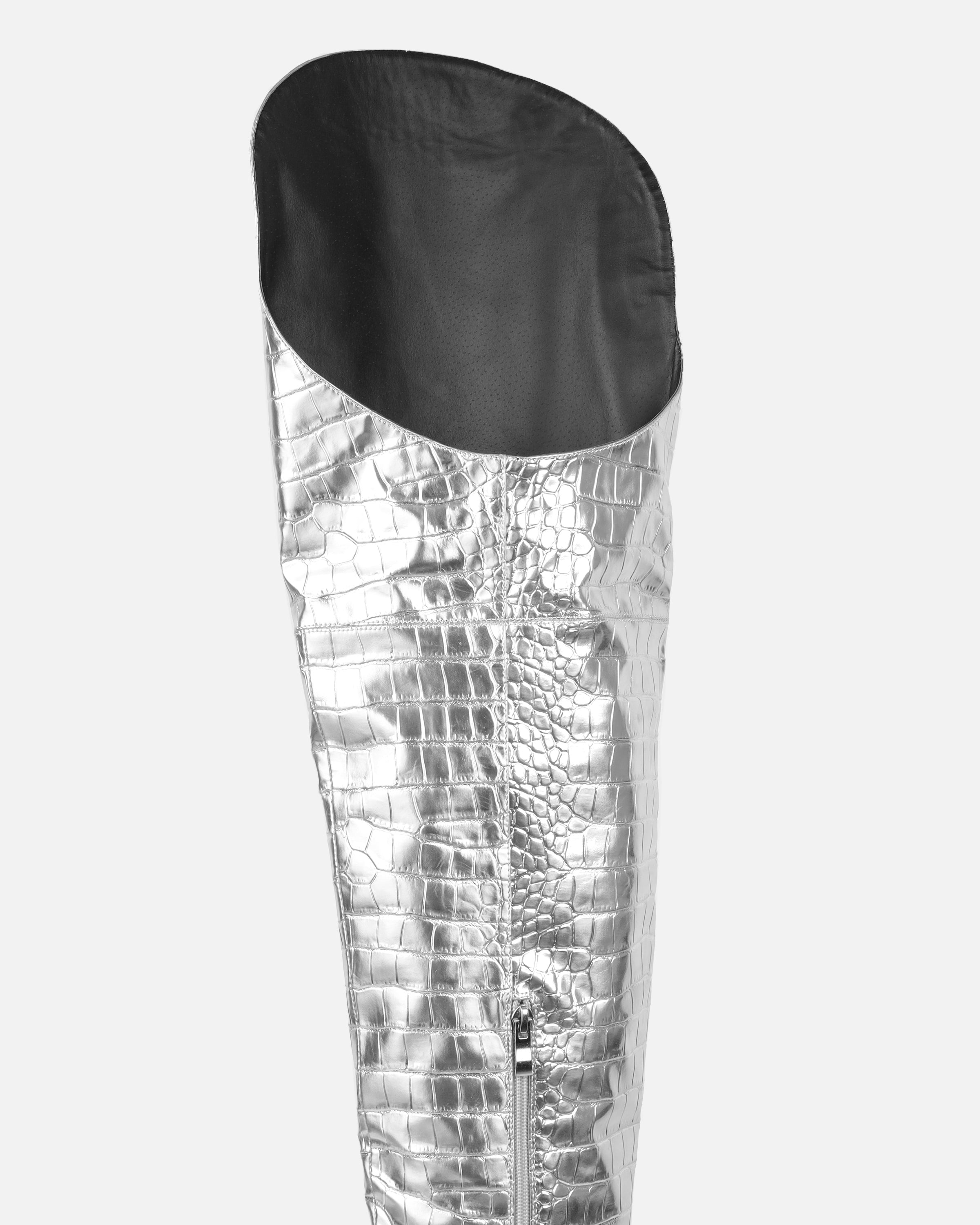 Gianni Silver Metallic Faux Croc Thigh High Western Boots