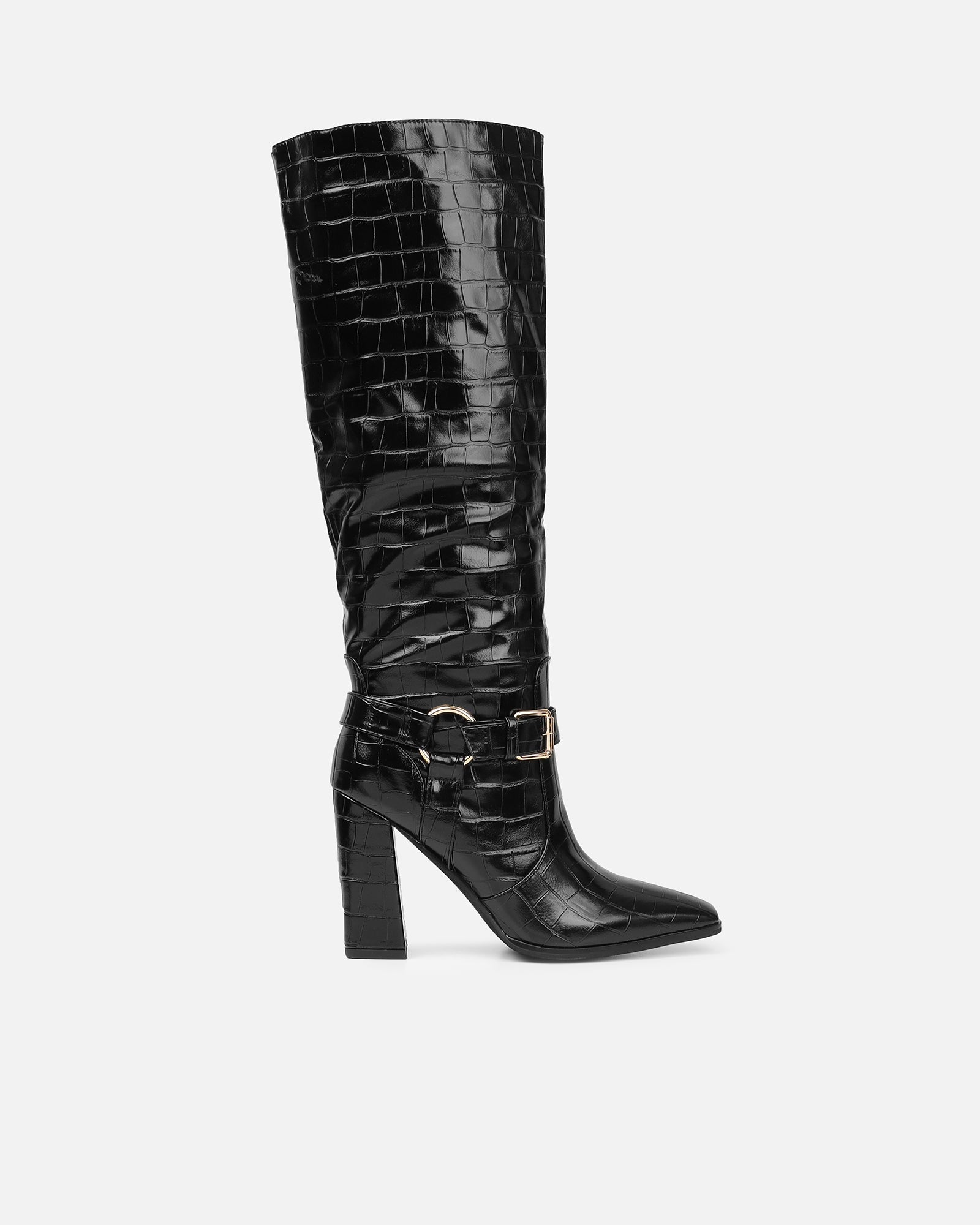 Darell Black Croc Over The Knee Block Heeled Boots