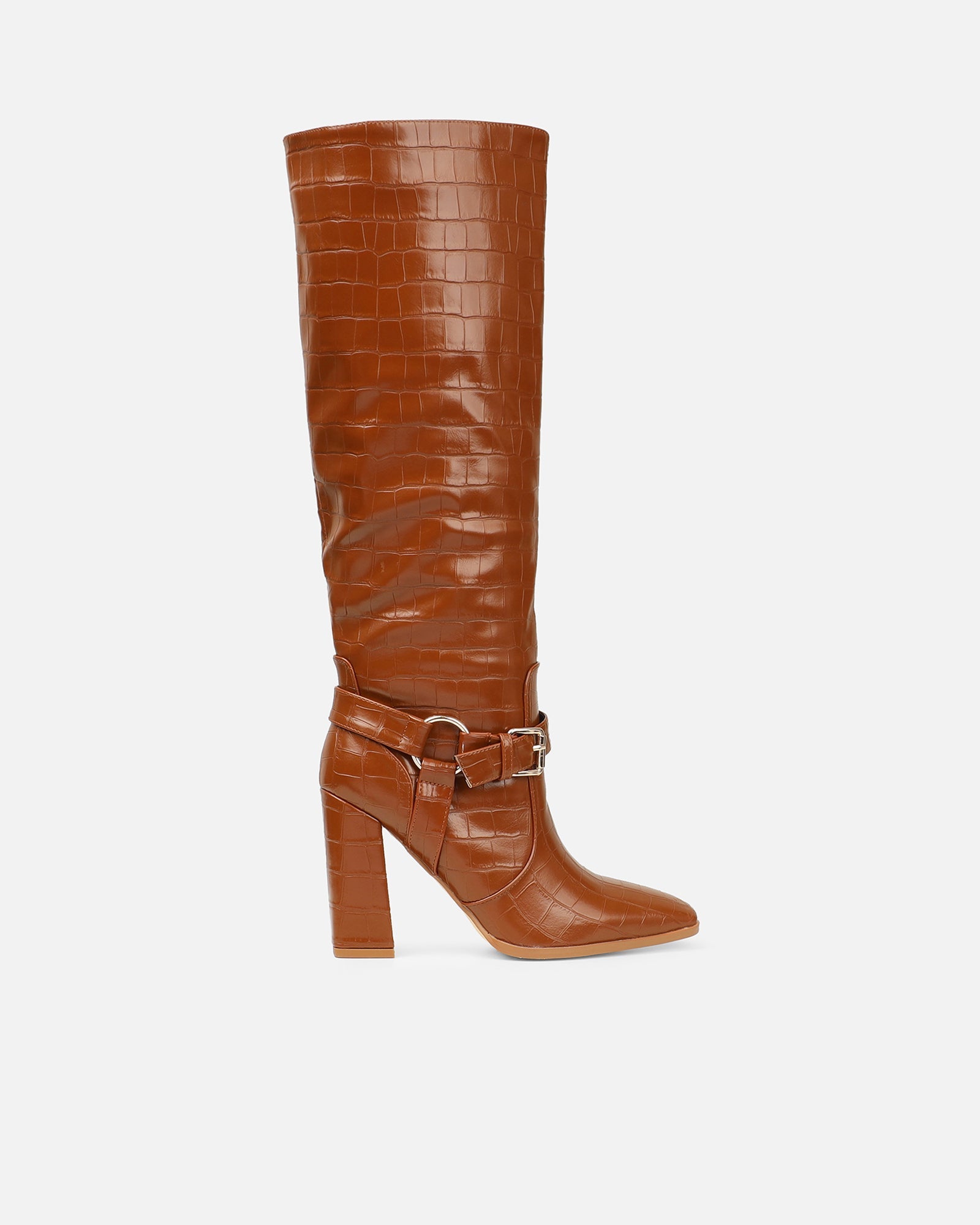 Darell Tan Croc Effect Over The Knee Block Heeled Boots