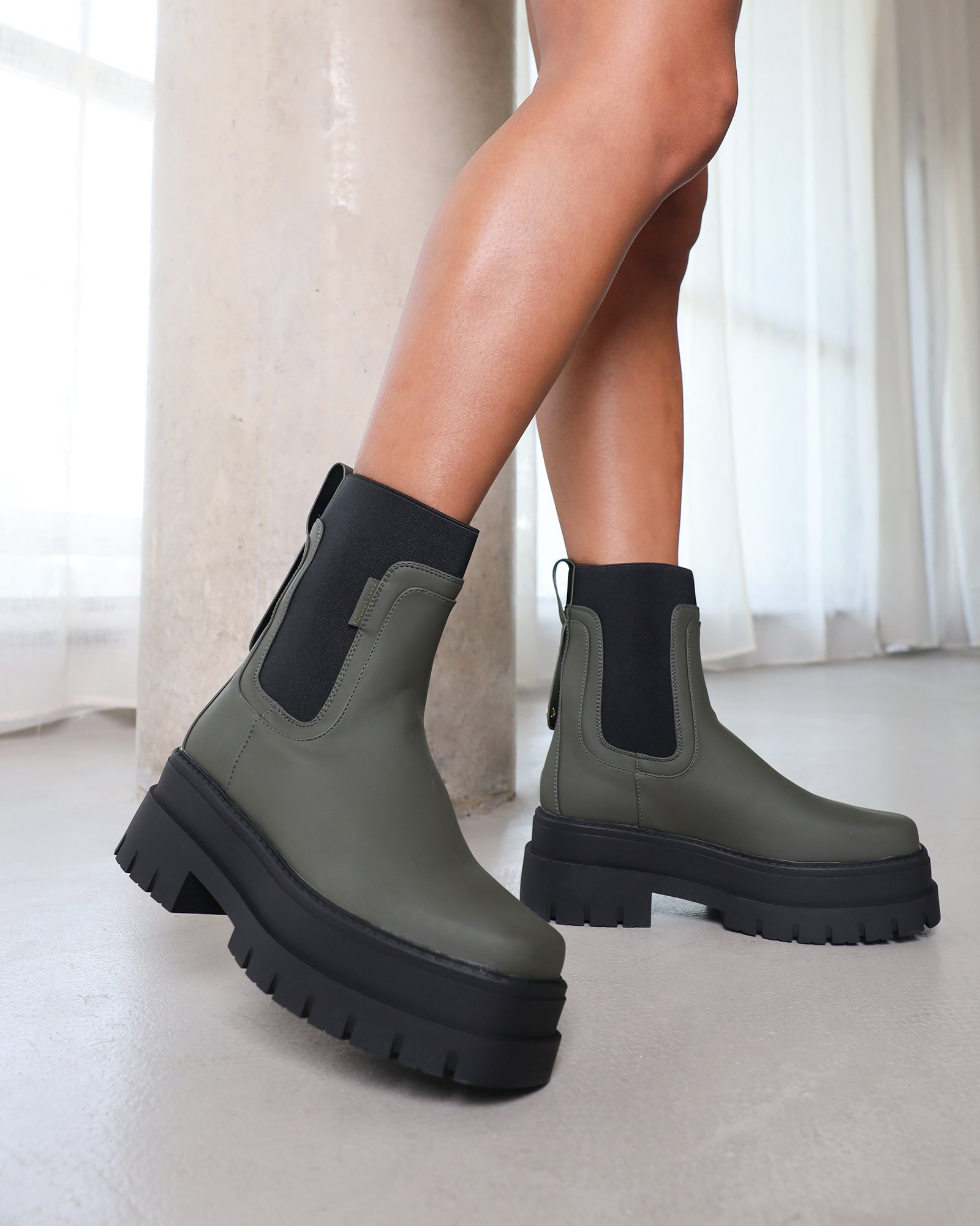 Ansel Khaki Rubberized Contrast Chunky Chelsea Boots