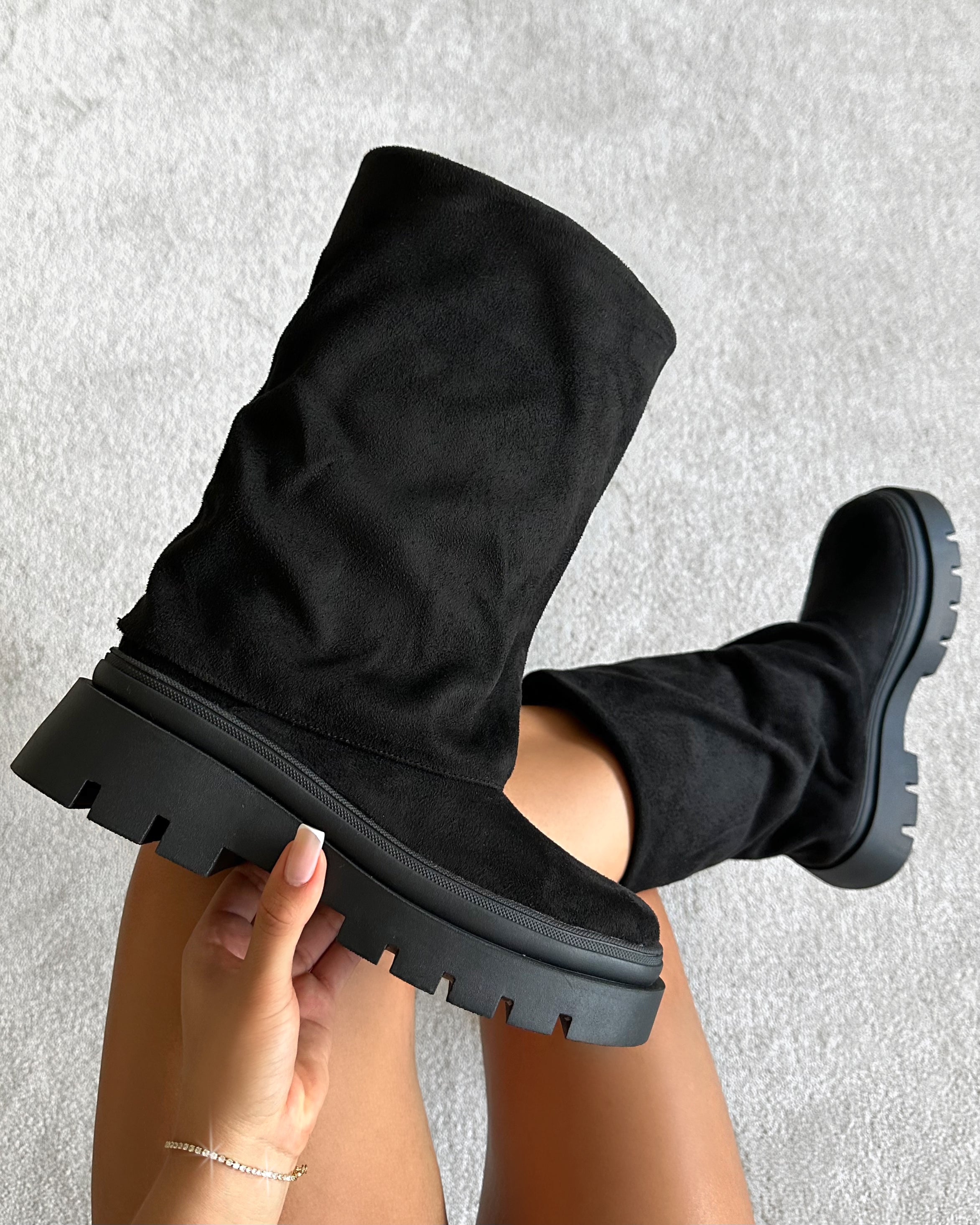 Fynn Black Faux Suede Fold Over Chunky Boots