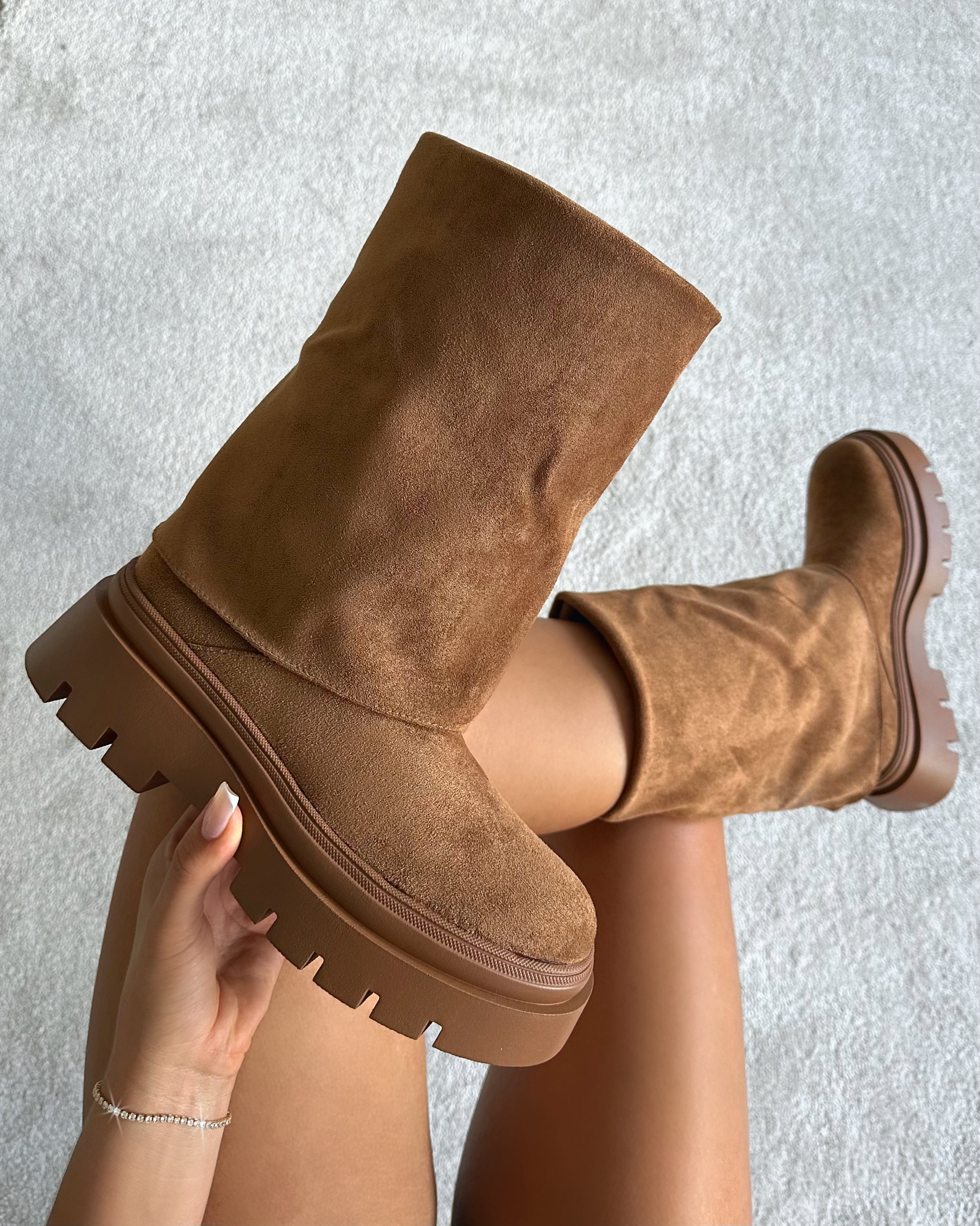 Fynn Tan Faux Suede Fold Over Chunky Boots