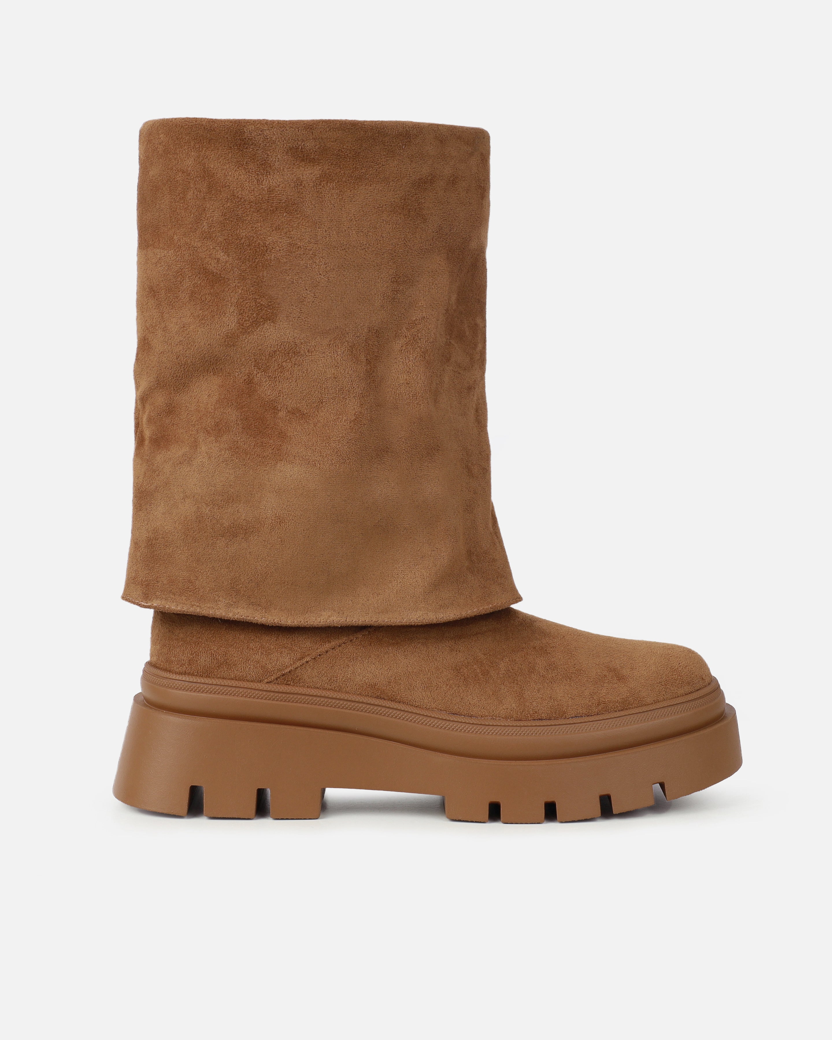 Fynn Tan Faux Suede Fold Over Chunky Boots