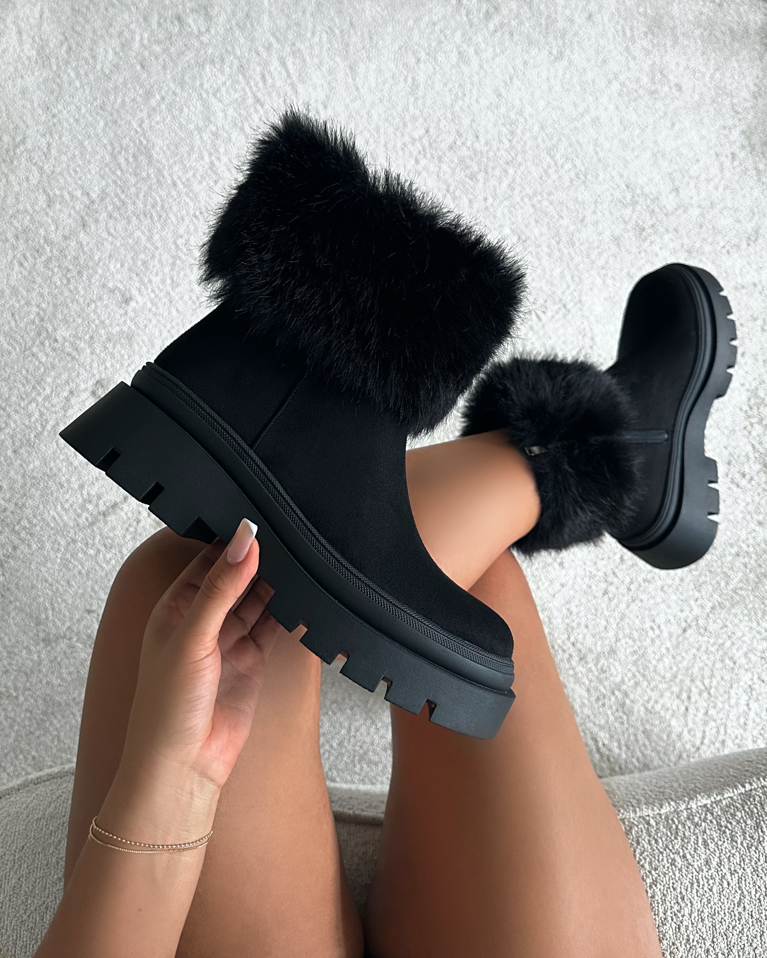 Finlay Black Faux Suede Fur Trimmed Ankle Boots