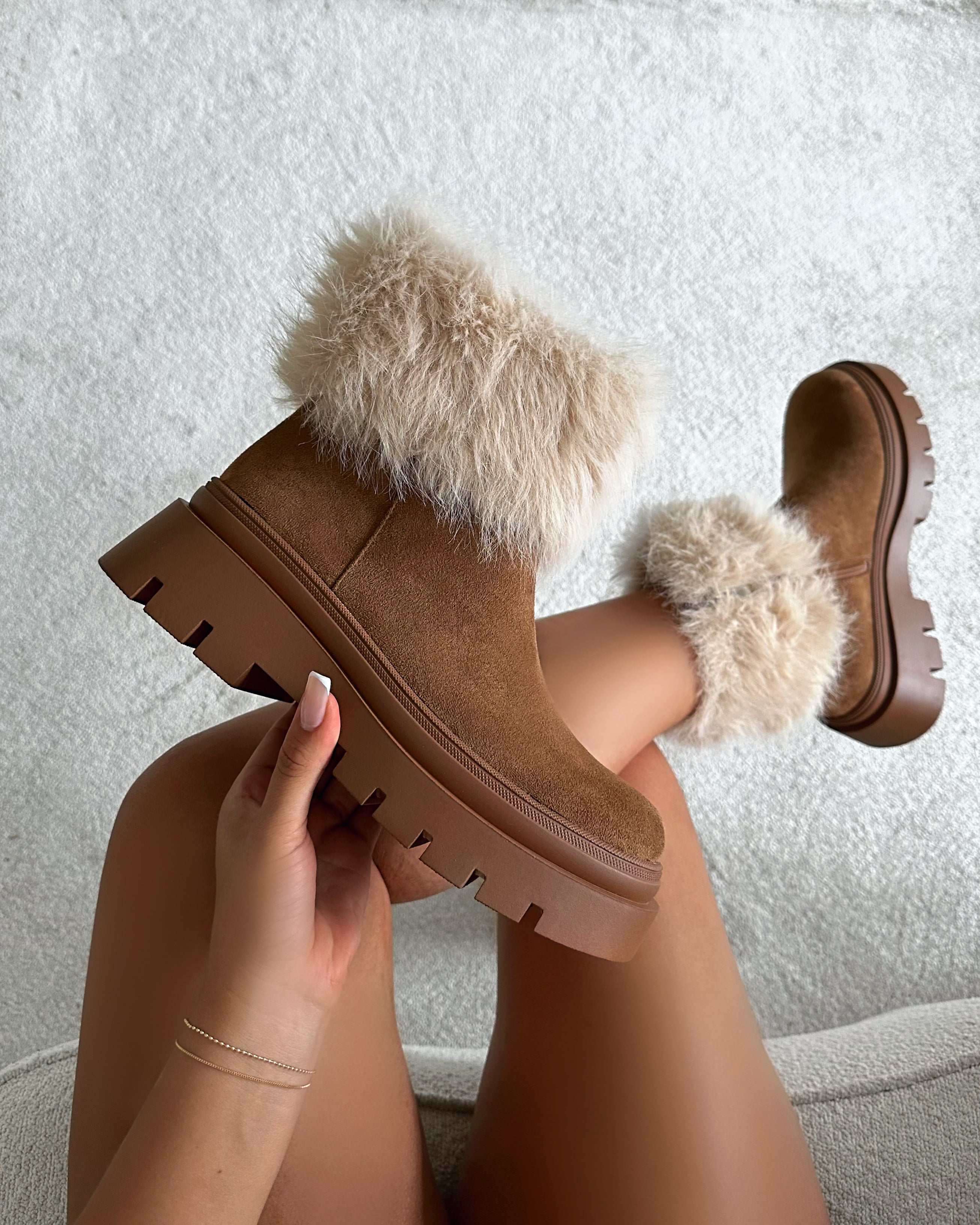 Finlay Tan Faux Suede Fur Trimmed Ankle Boots