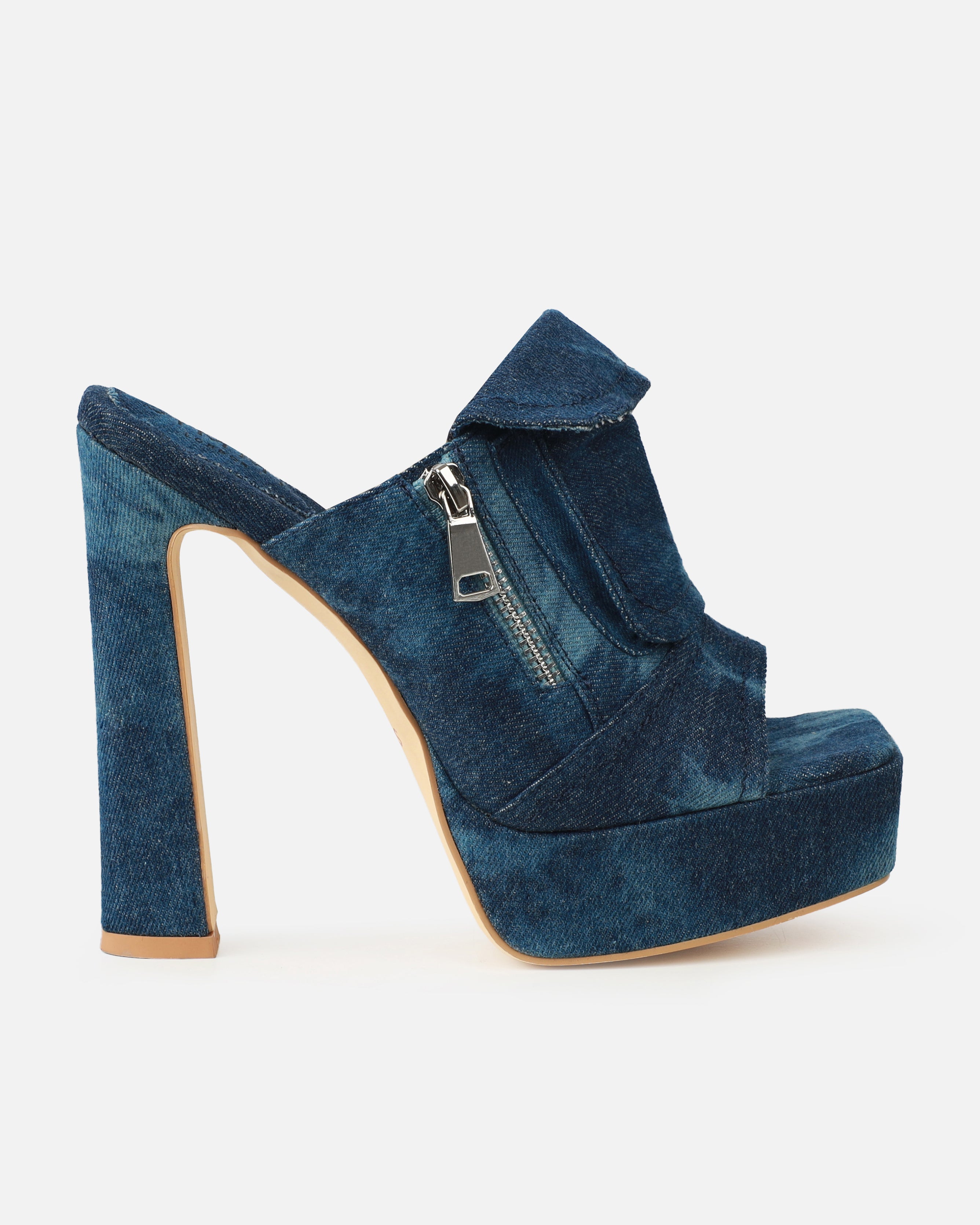 Jenson Dark Blue Denim Zip Platform Block Heel Mules