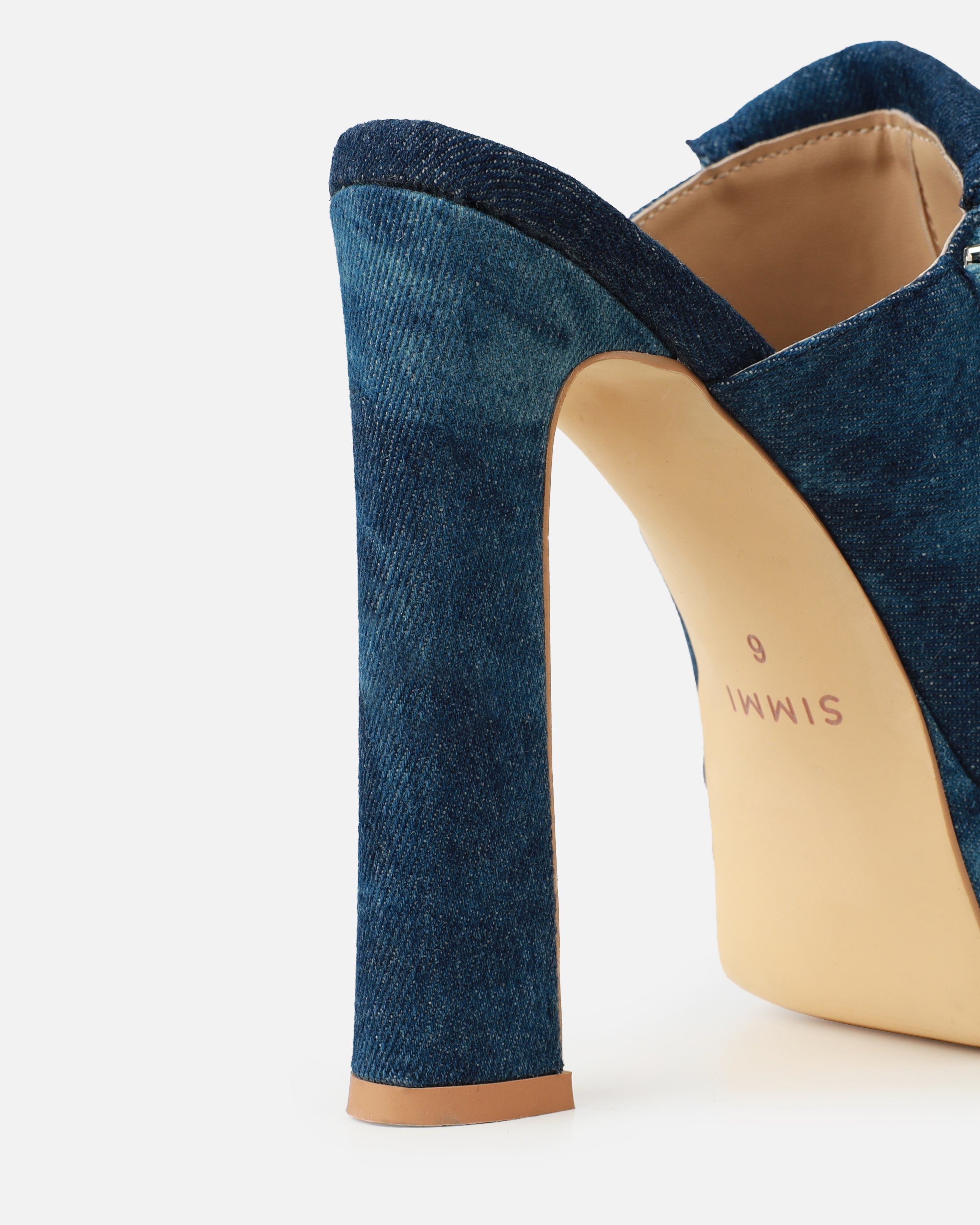 Jenson Dark Blue Denim Zip Platform Block Heel Mules