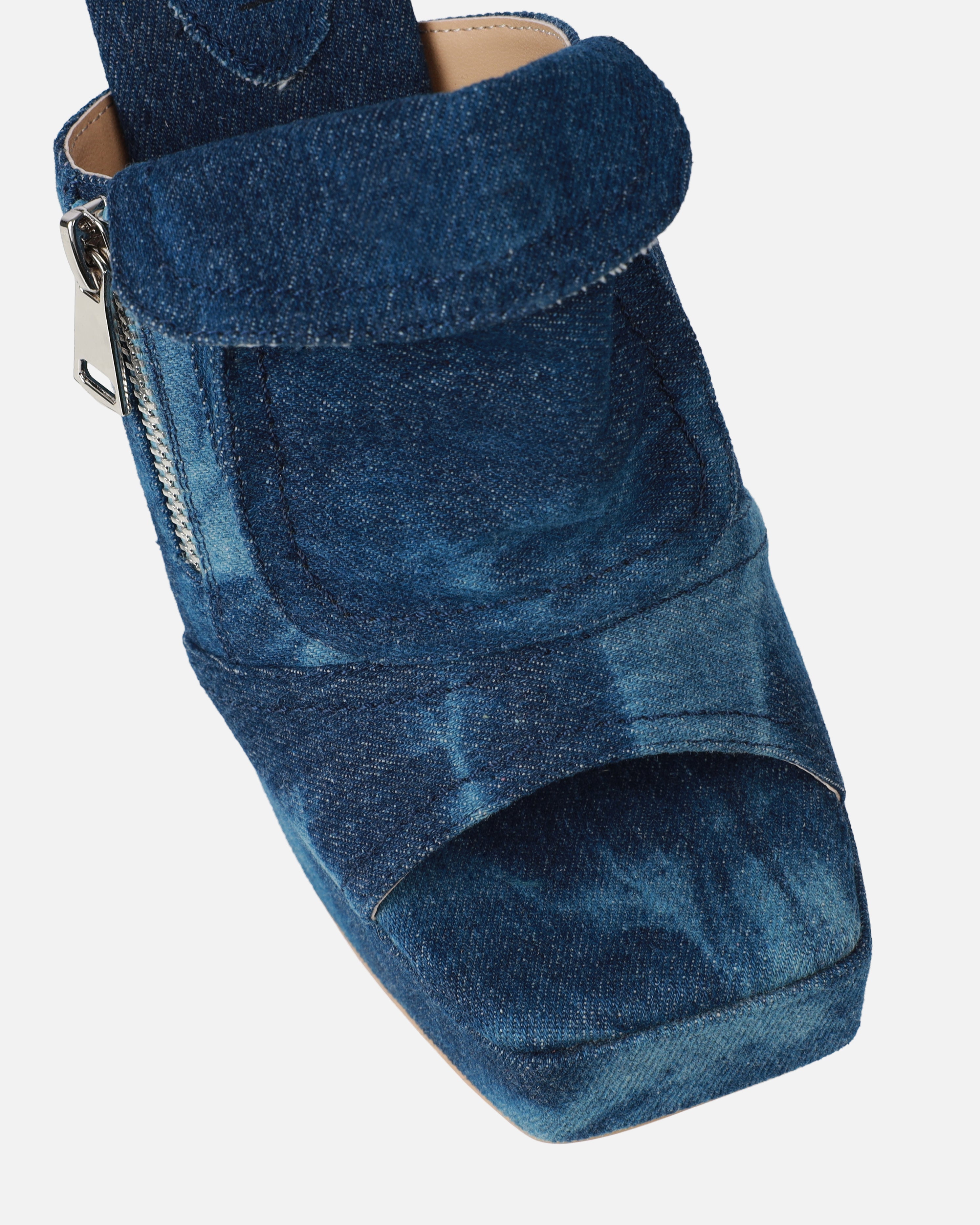 Jenson Dark Blue Denim Zip Platform Block Heel Mules