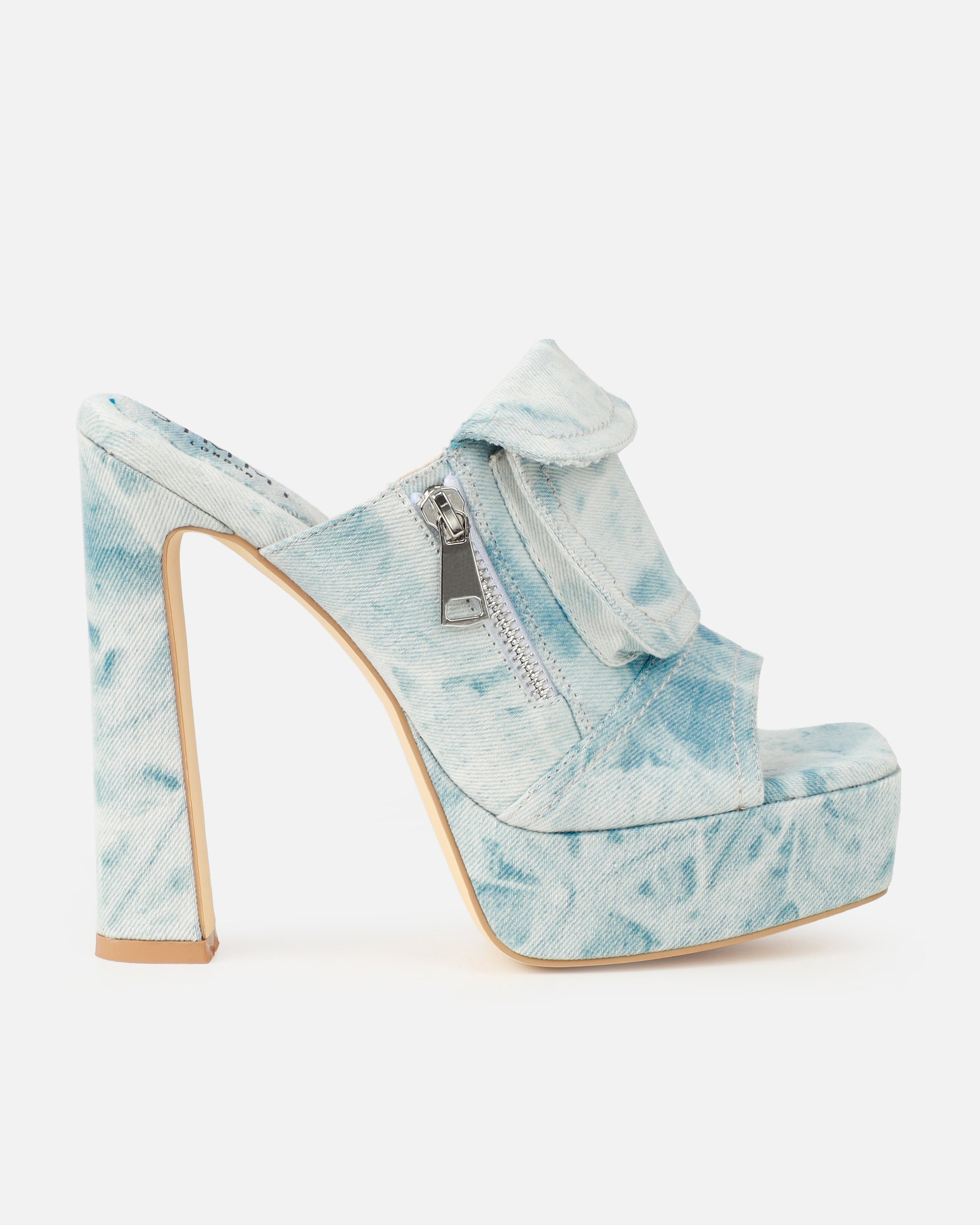 Jenson Light Blue Denim Zip Platform Block Heel Mules