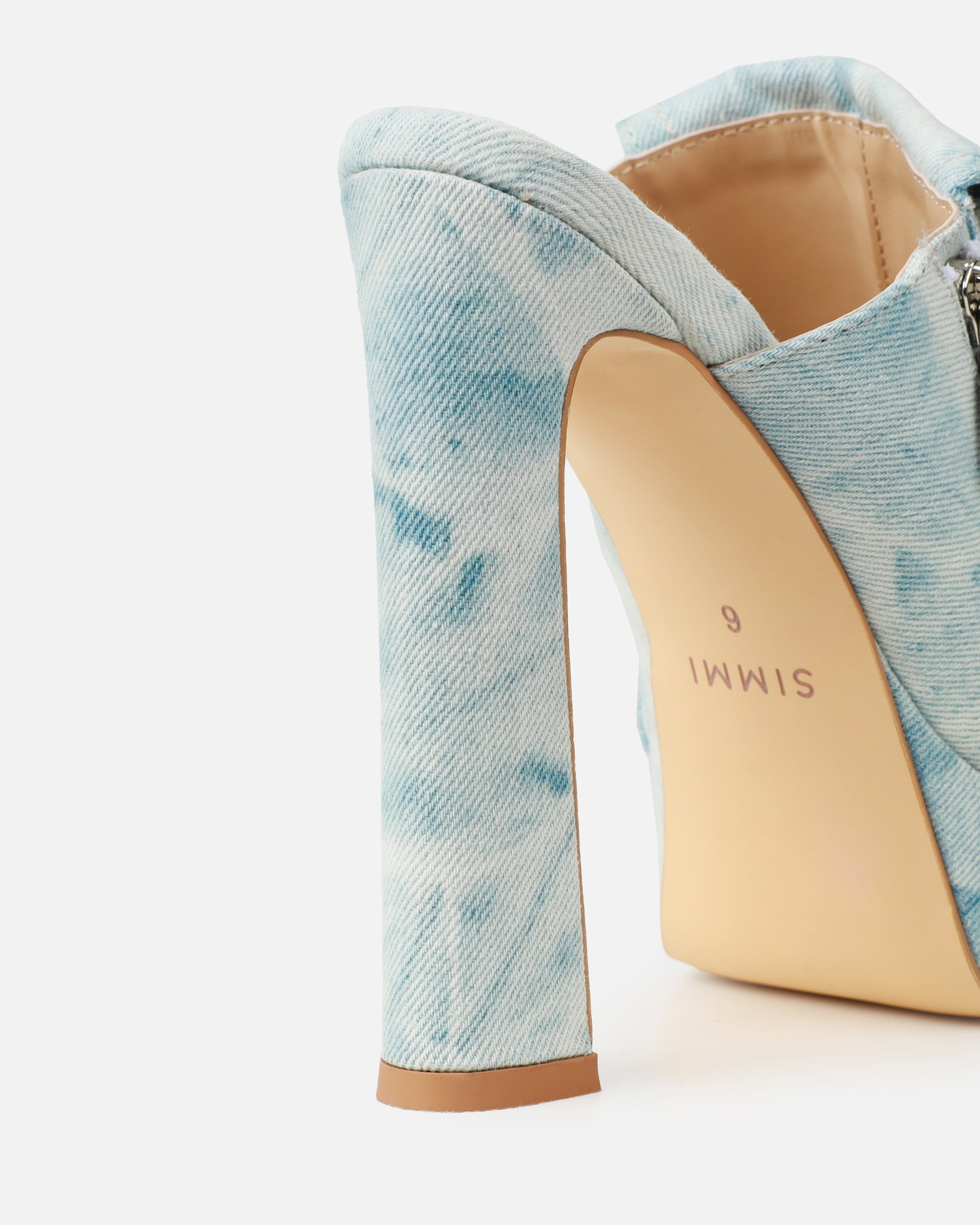 Jenson Light Blue Denim Zip Platform Block Heel Mules