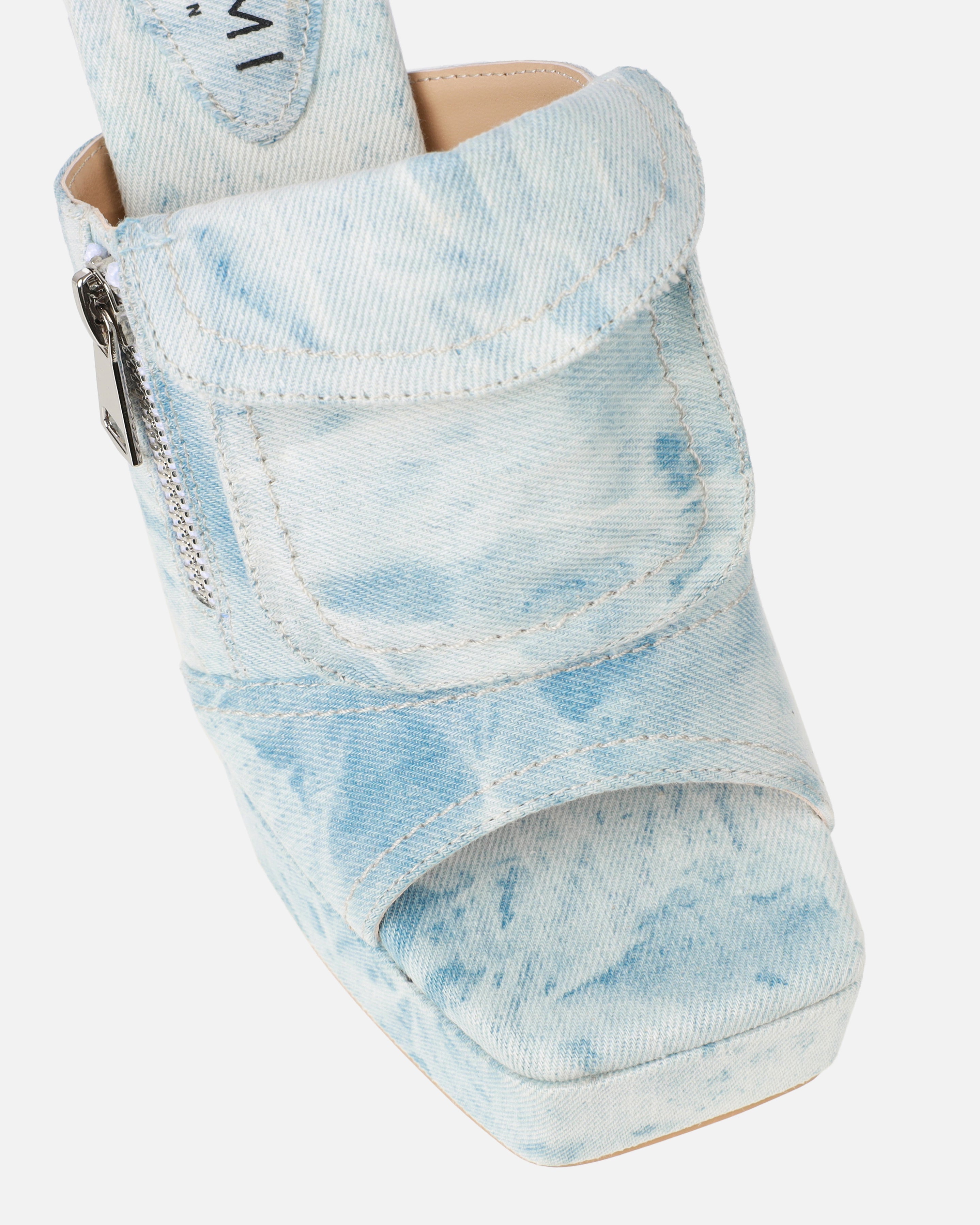Jenson Light Blue Denim Zip Platform Block Heel Mules