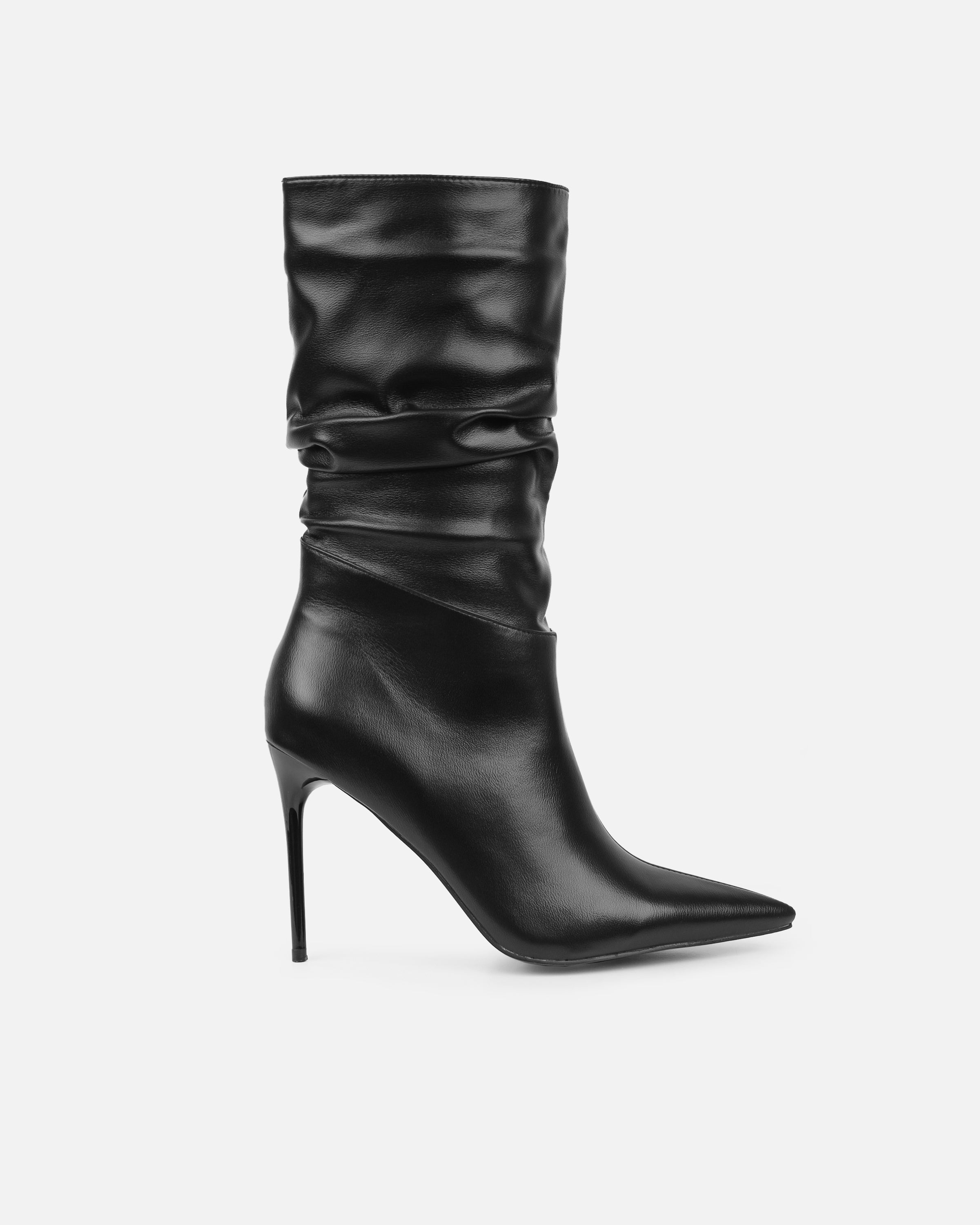 Giles Black Ruched Stiletto Mid Calf Boots