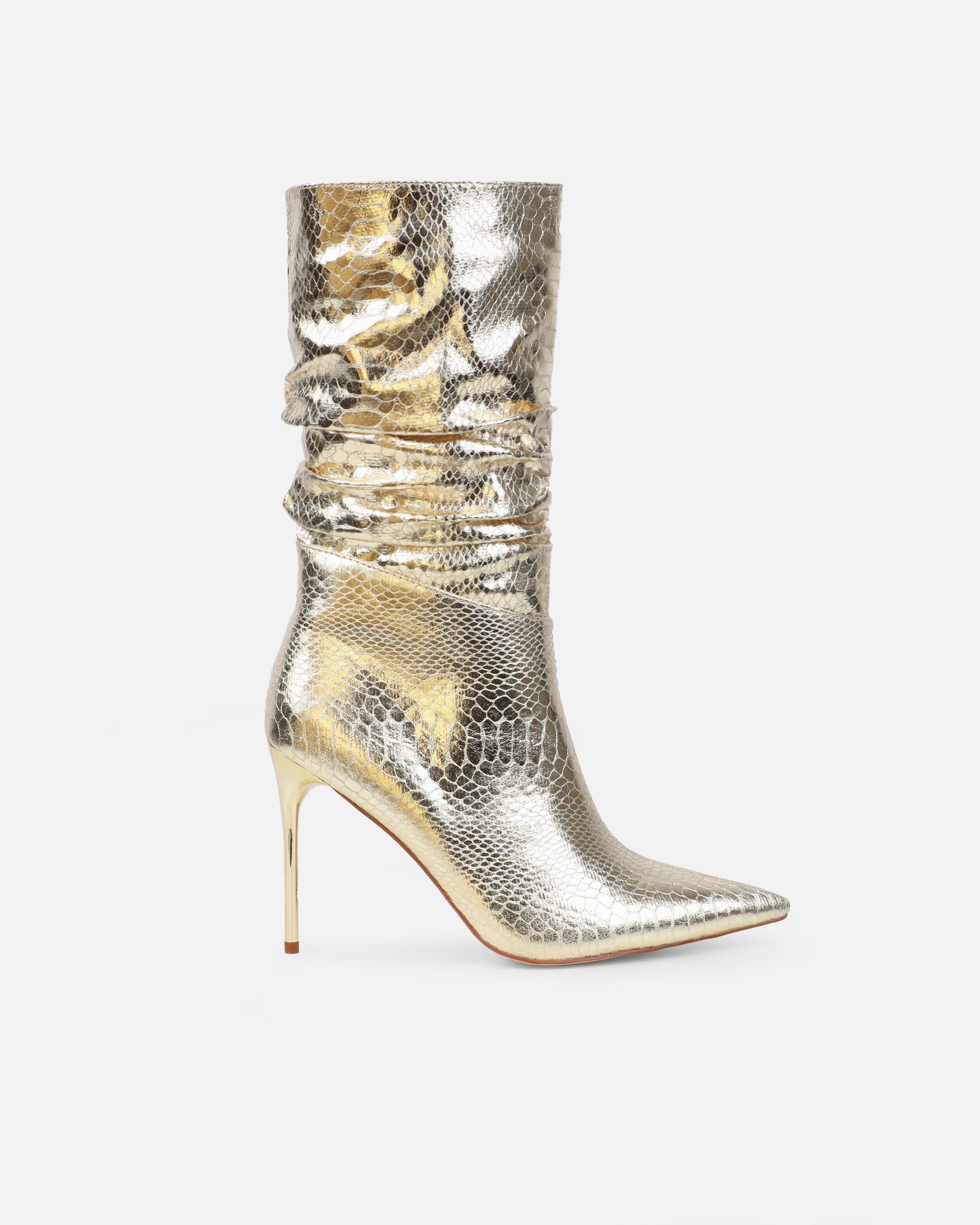 Giles Gold Metallic Faux Snake Ruched Stiletto Mid Calf Boots