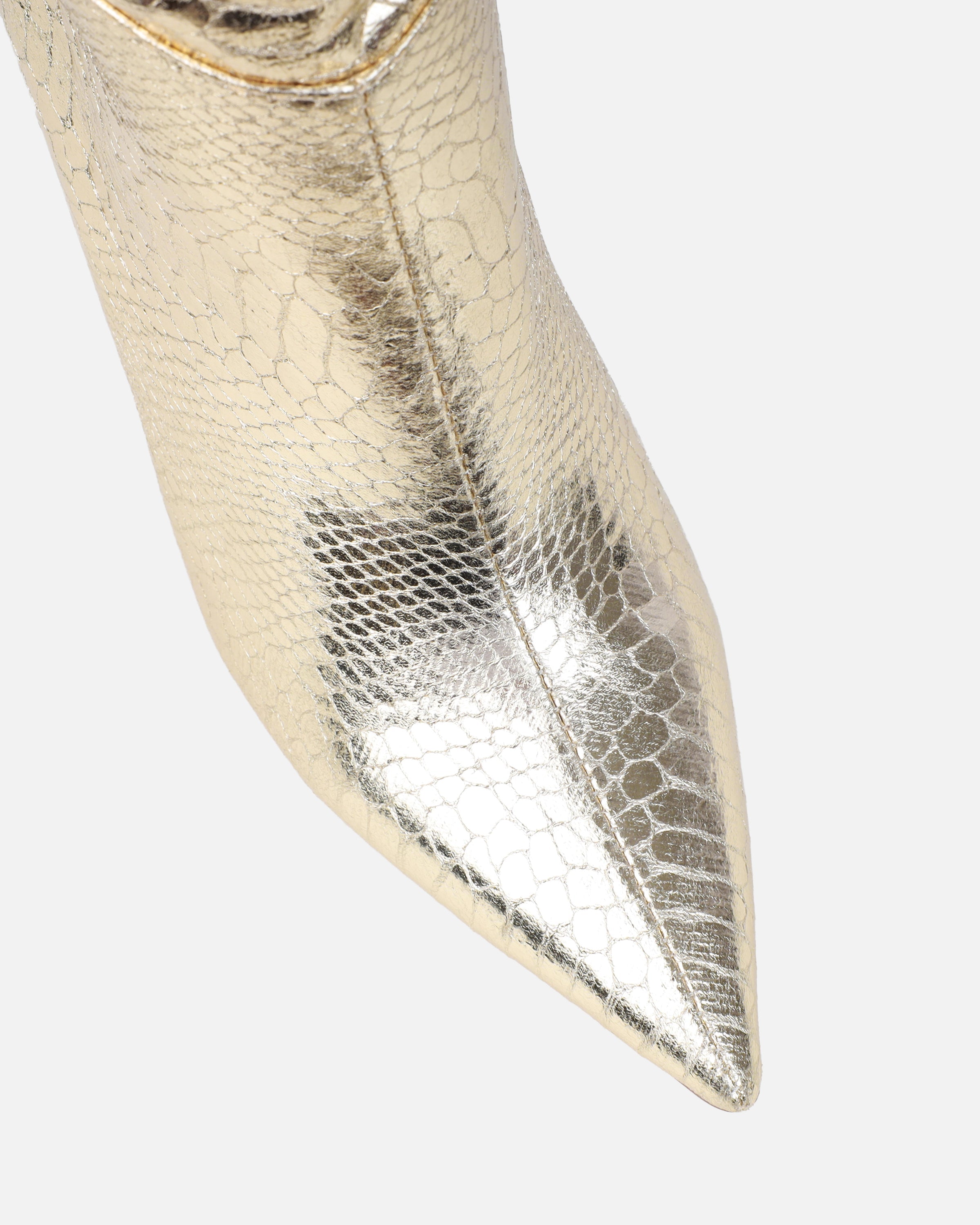 Giles Gold Metallic Faux Snake Ruched Stiletto Mid Calf Boots