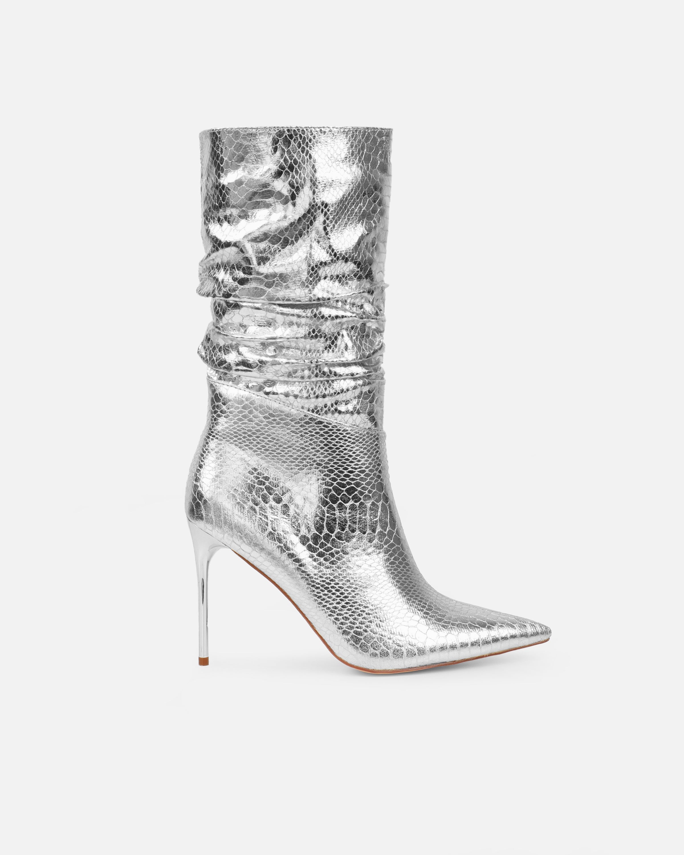 Giles Silver Metallic Faux Snake Ruched Stiletto Mid Calf Boots