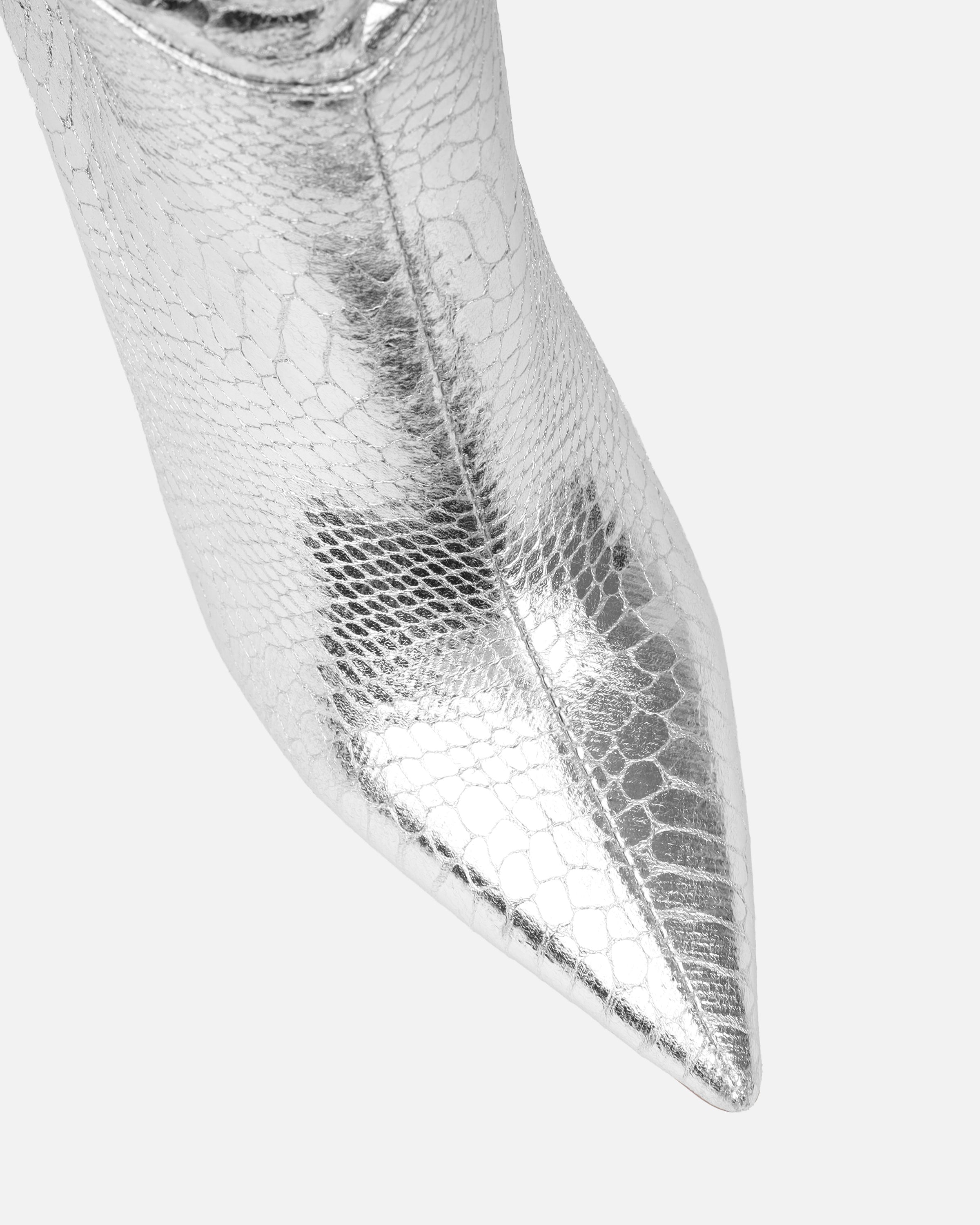 Giles Silver Metallic Faux Snake Ruched Stiletto Mid Calf Boots