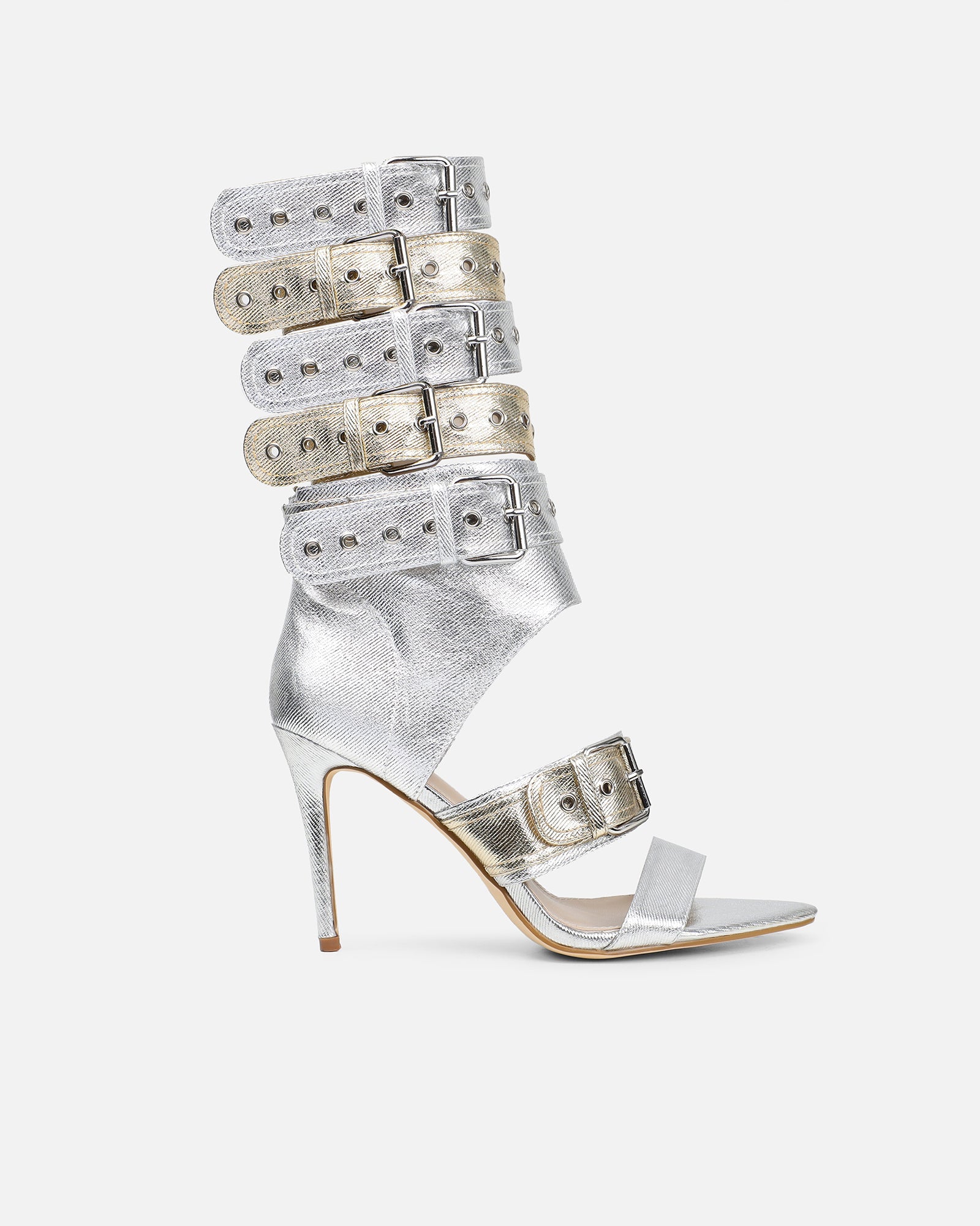 Goldie Silver And Gold Cut Out Buckle Detail Heeled Sandals