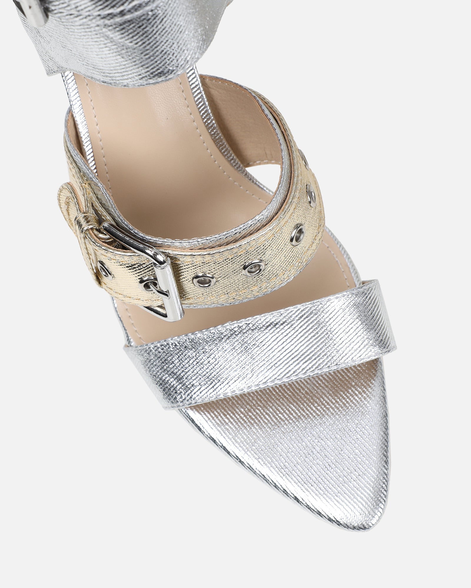 Goldie Silver And Gold Cut Out Buckle Detail Heeled Sandals