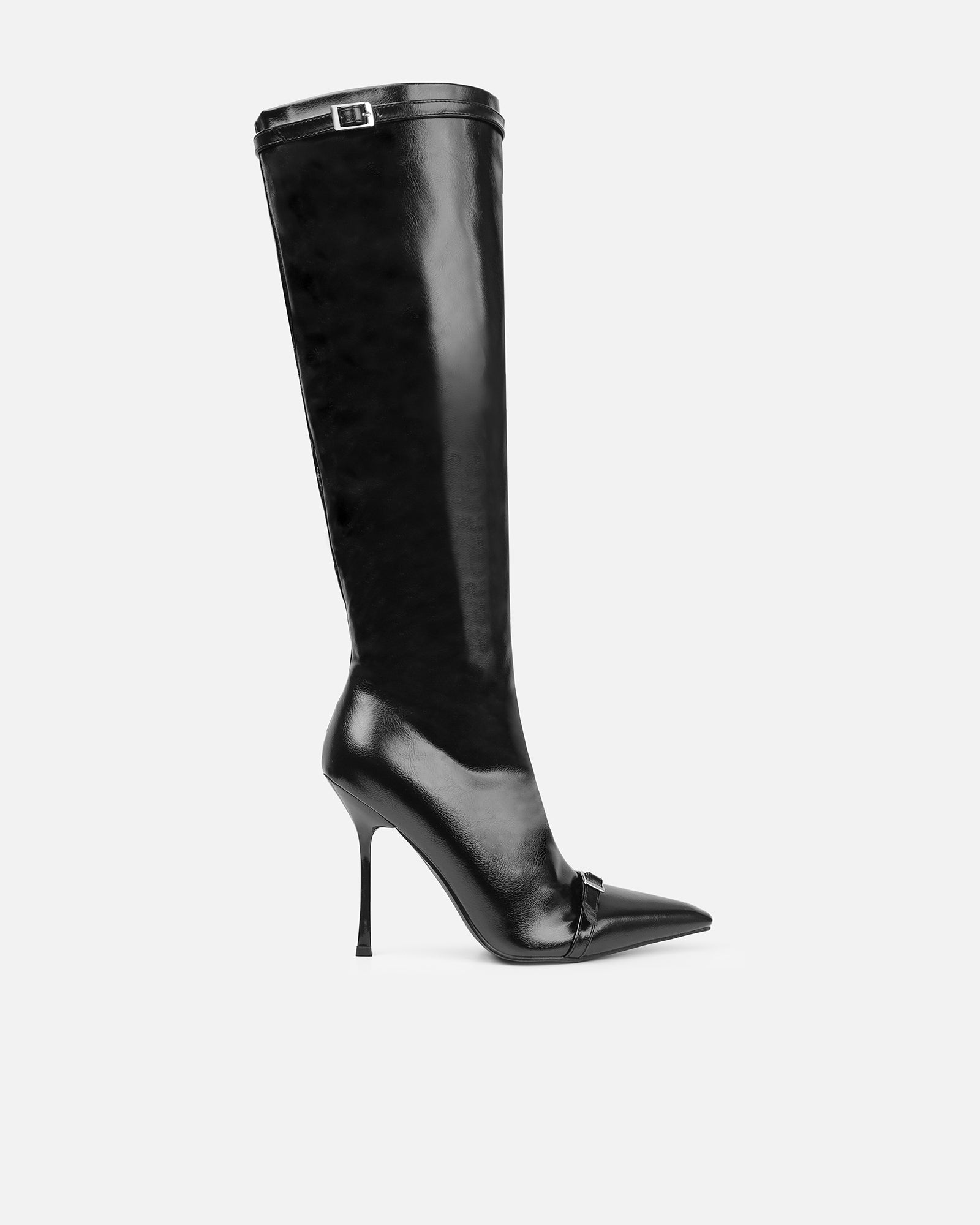 Hade Black Buckle Detail Heeled Knee Boots
