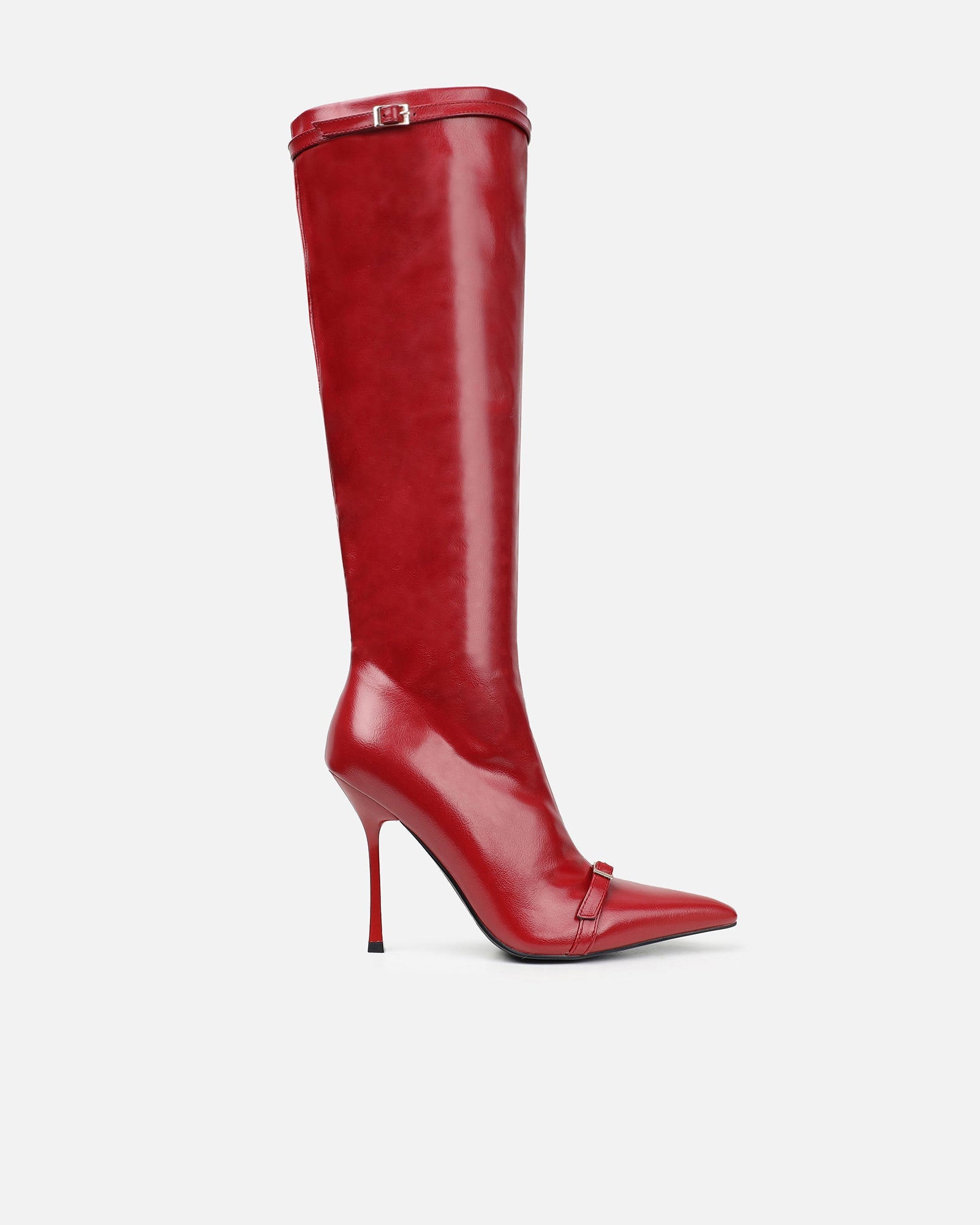 Hade Red Buckle Detail Heeled Knee Boots