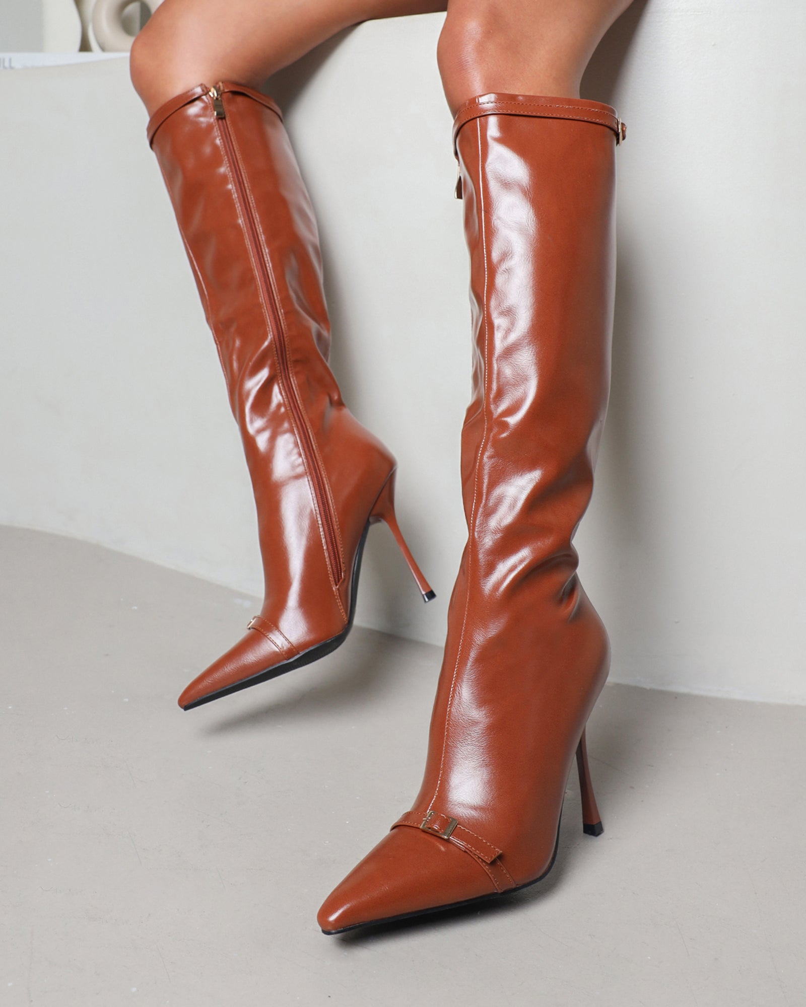 Hade Tan Buckle Detail Heeled Knee Boots