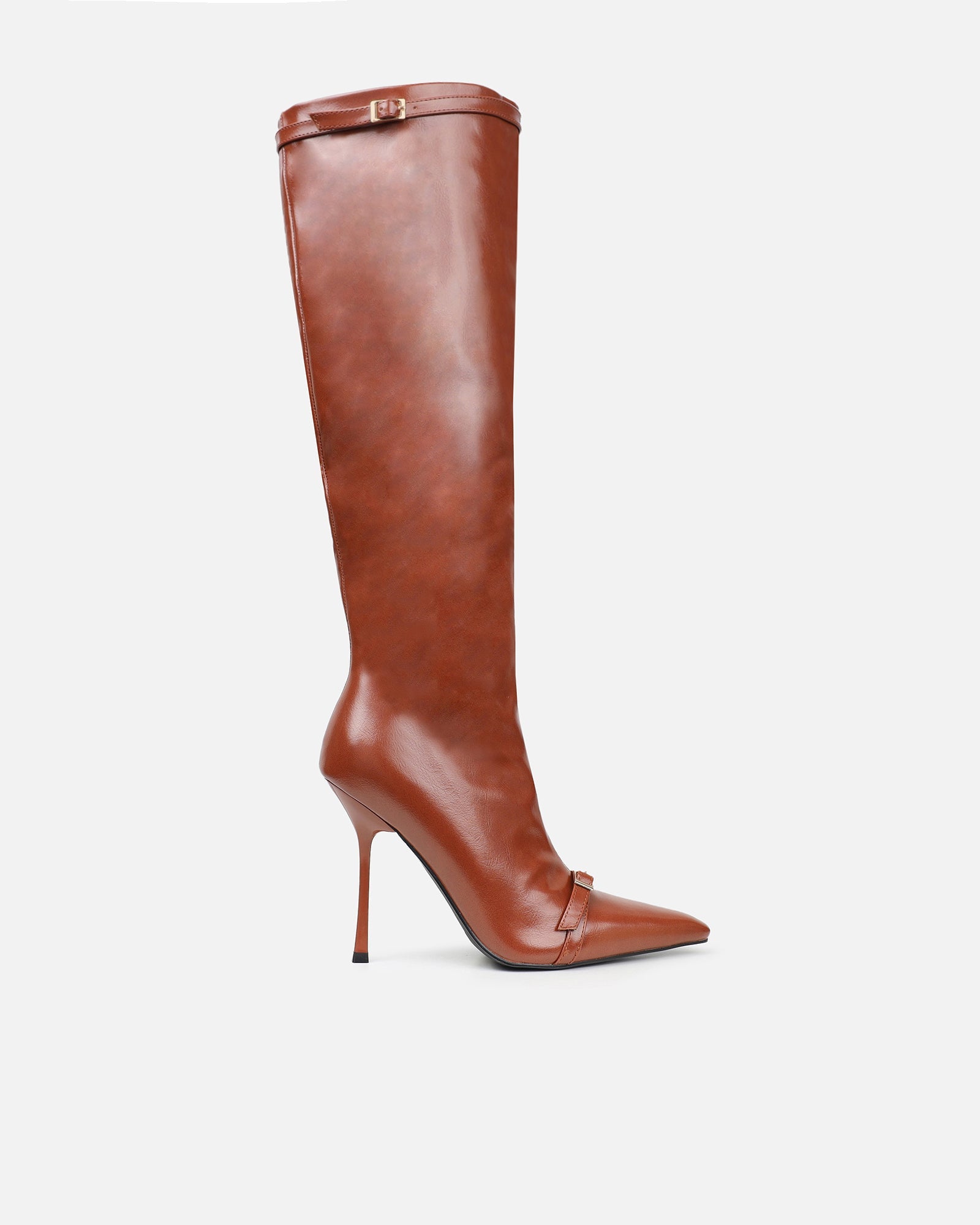 Hade Tan Buckle Detail Heeled Knee Boots