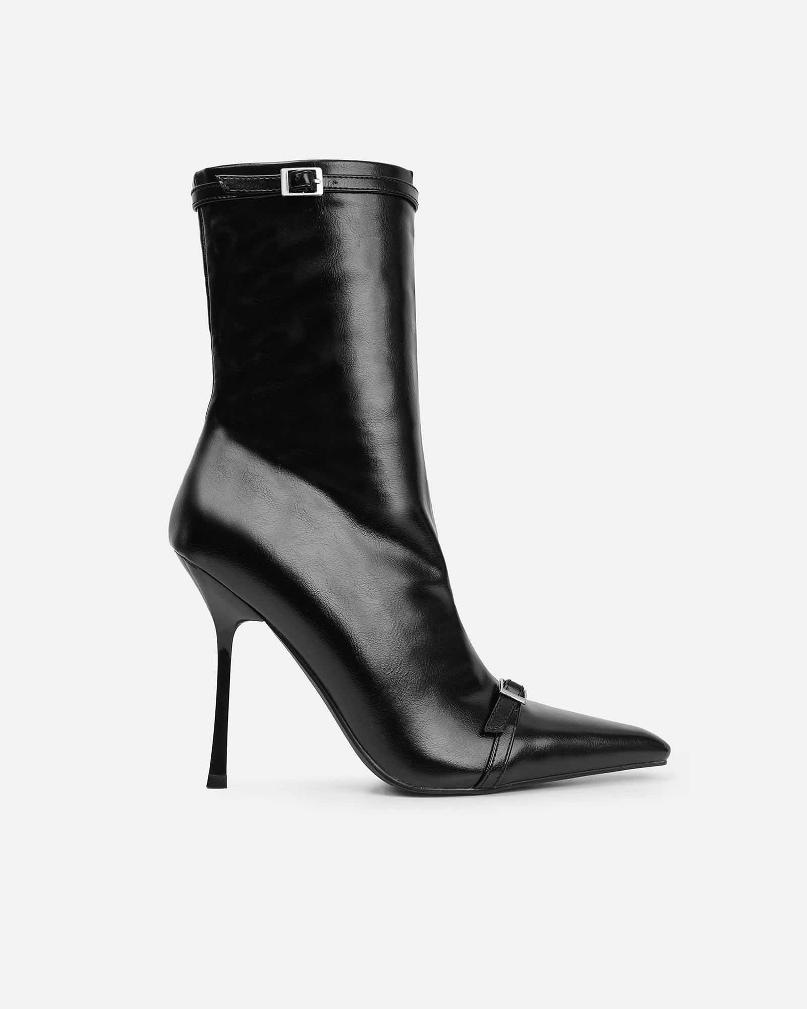 Liam Black Buckle Detail Smart Heeled Ankle Boots