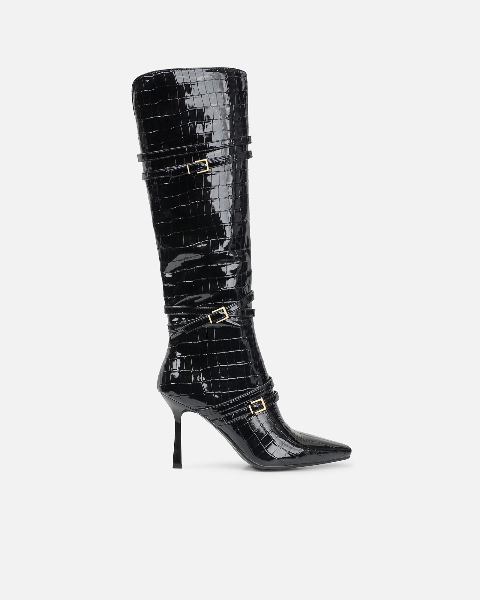 Haiden Black Patent Croc Effect Knee Boots