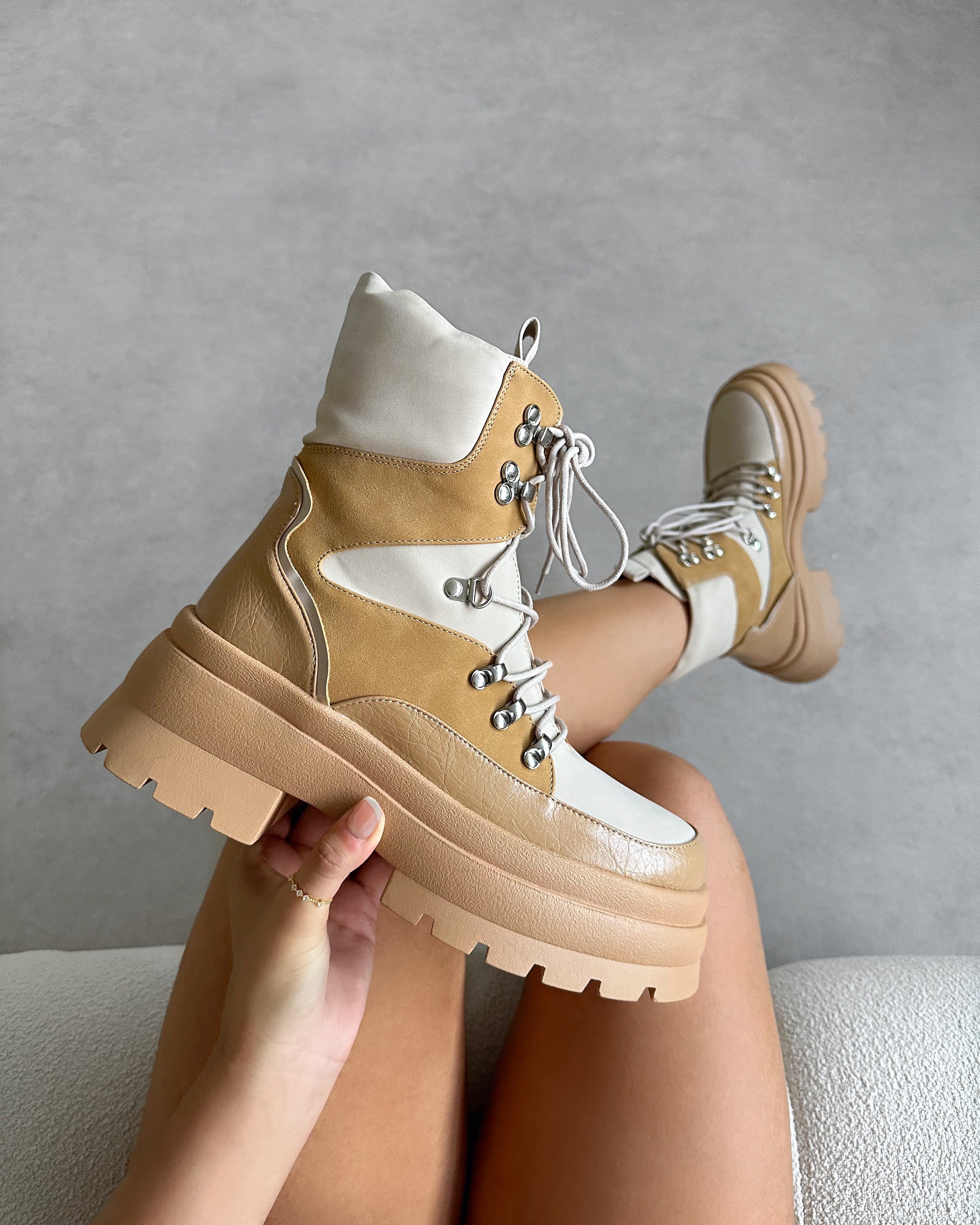 Hector Beige Chunky Flat Lace Up Boots