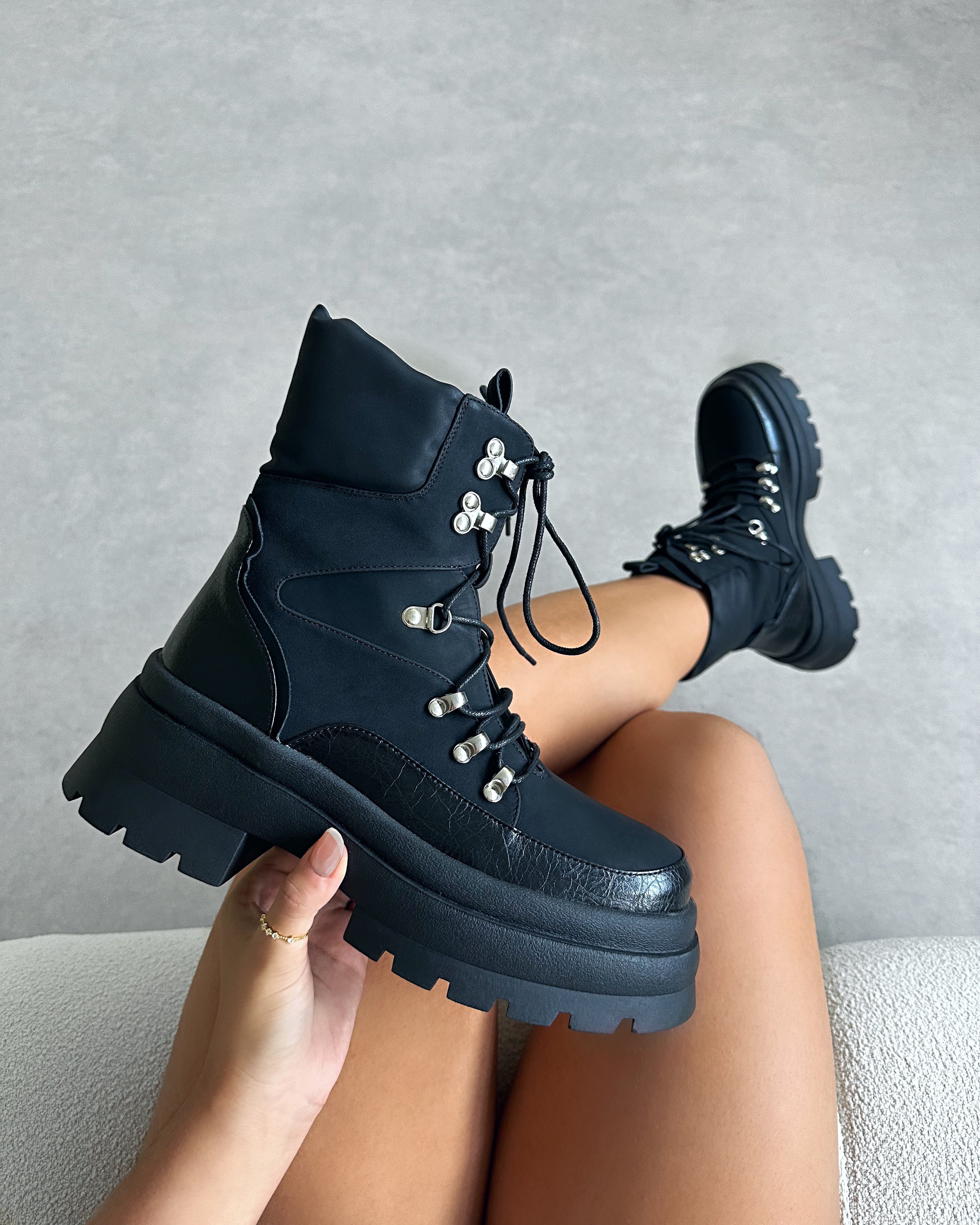 Hector Black Chunky Flat Lace Up Boots