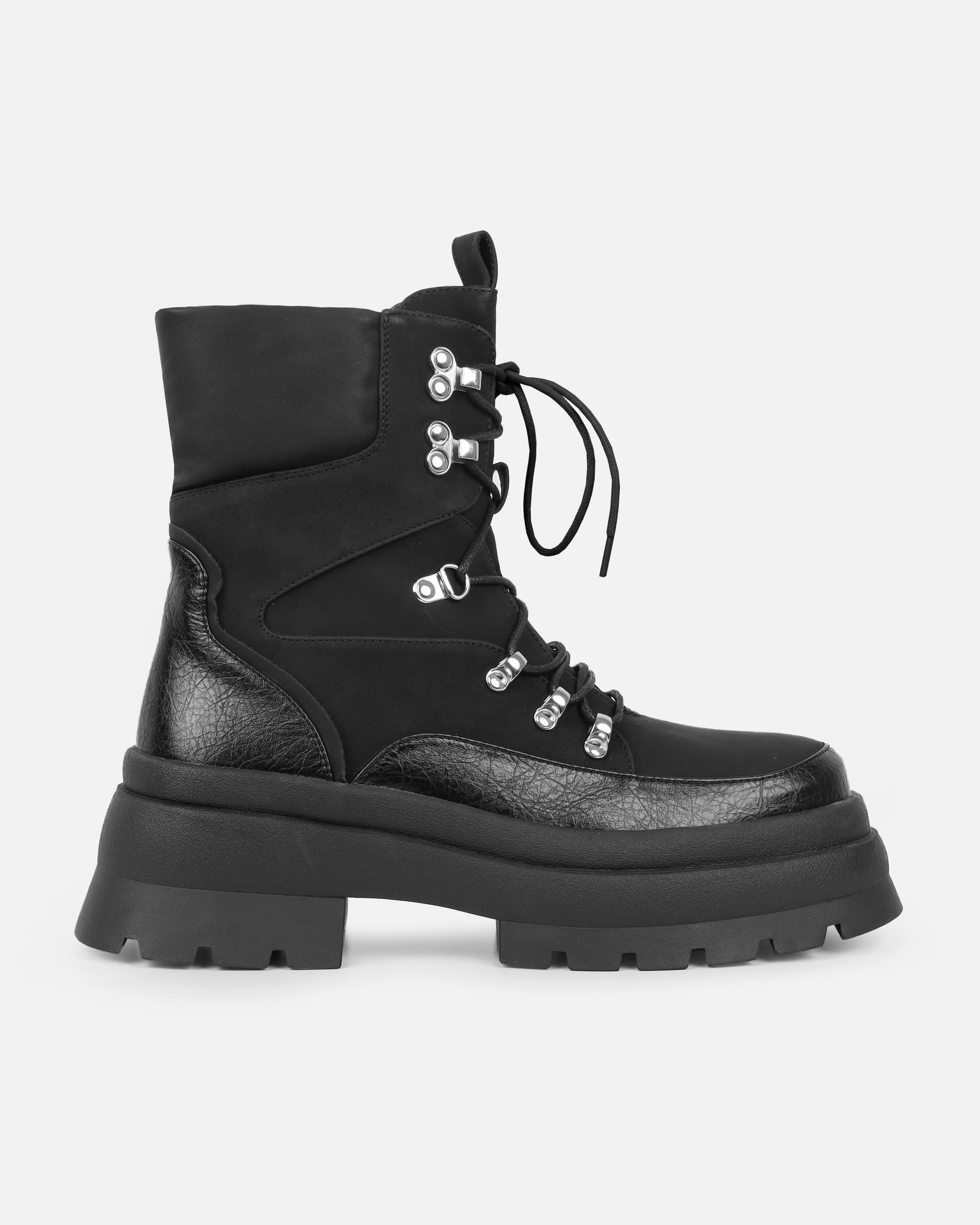 Hector Black Chunky Flat Lace Up Boots