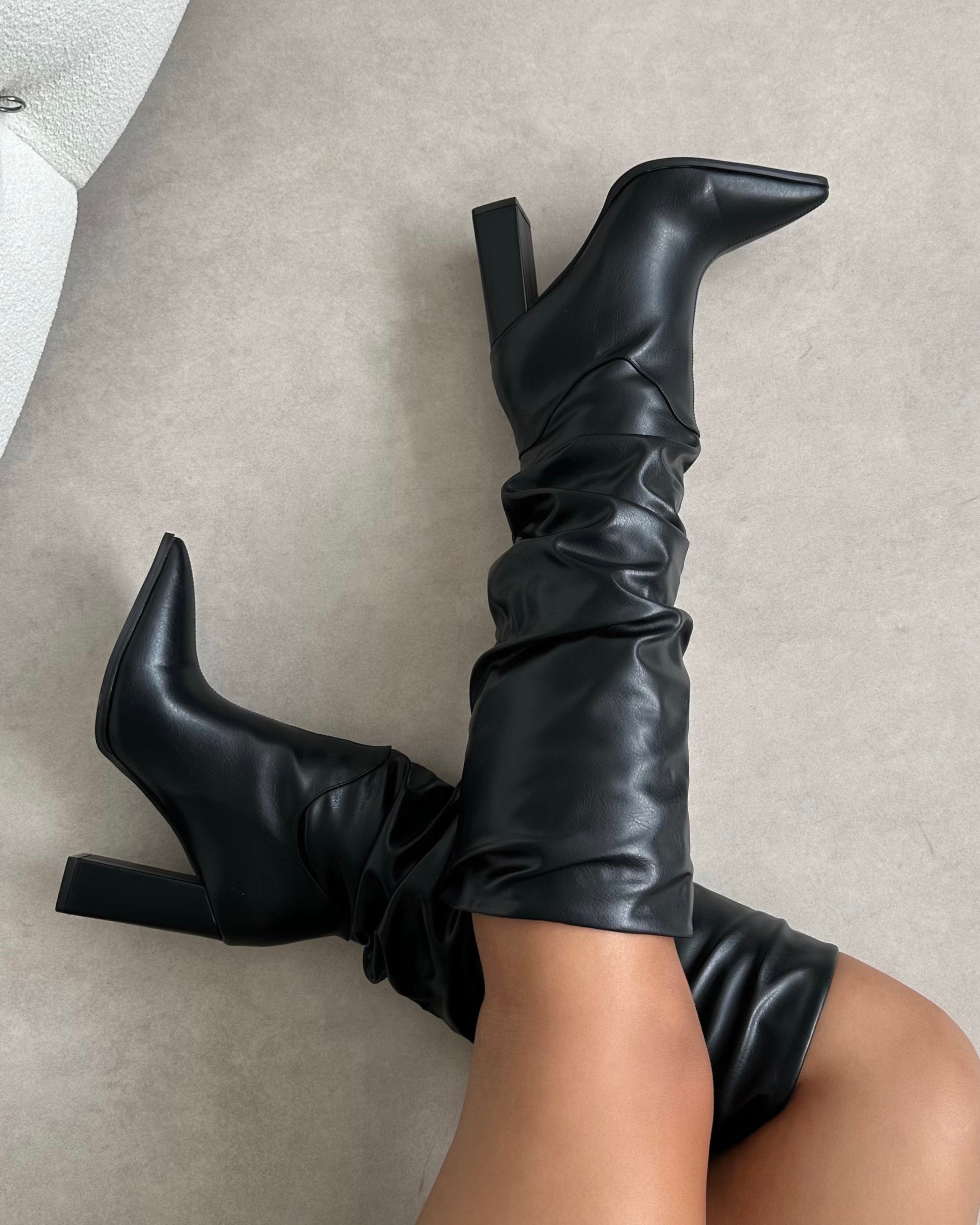 Jacques Black Slouched Block Heel Knee High Boots