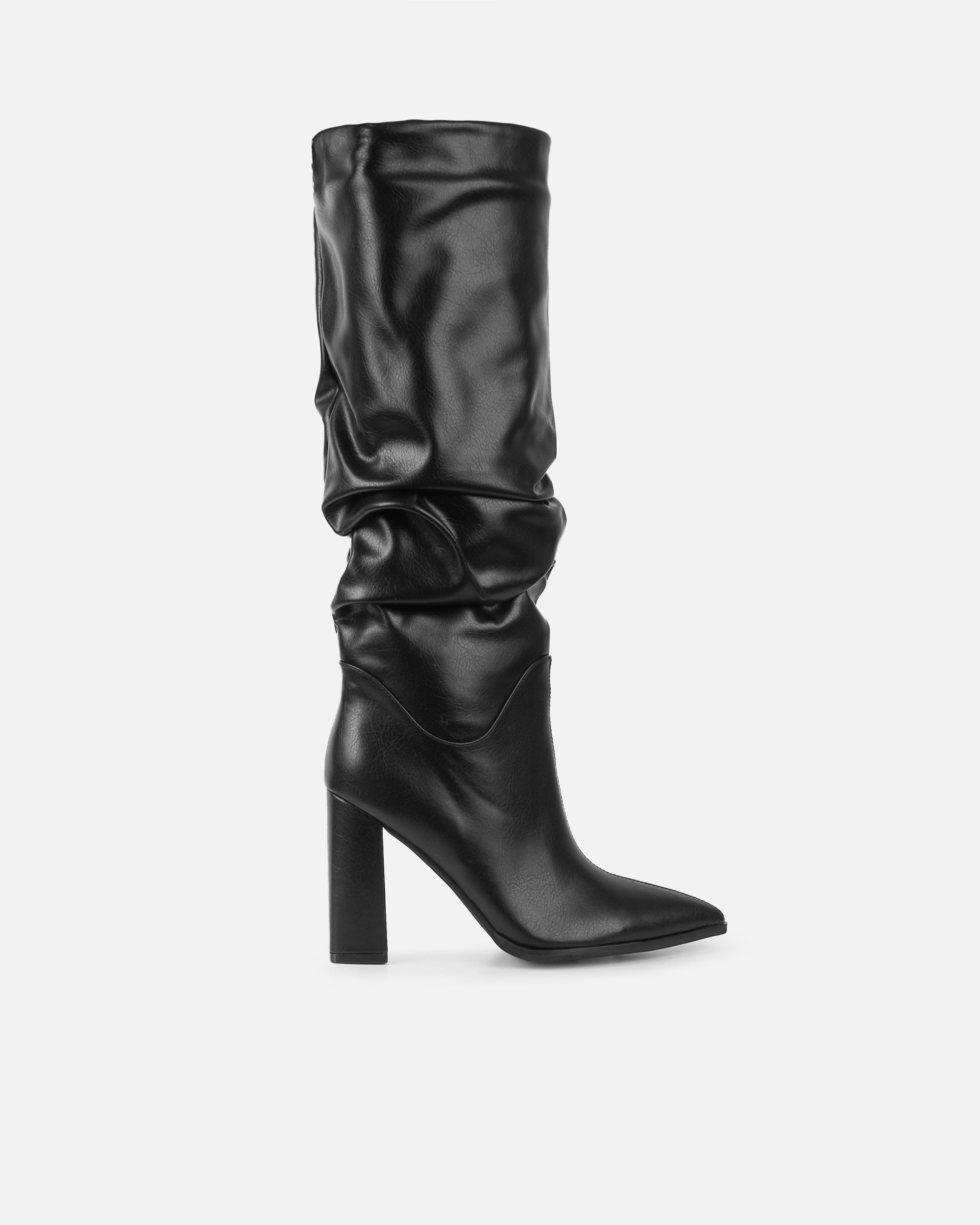 Jacques Black Slouched Block Heel Knee High Boots