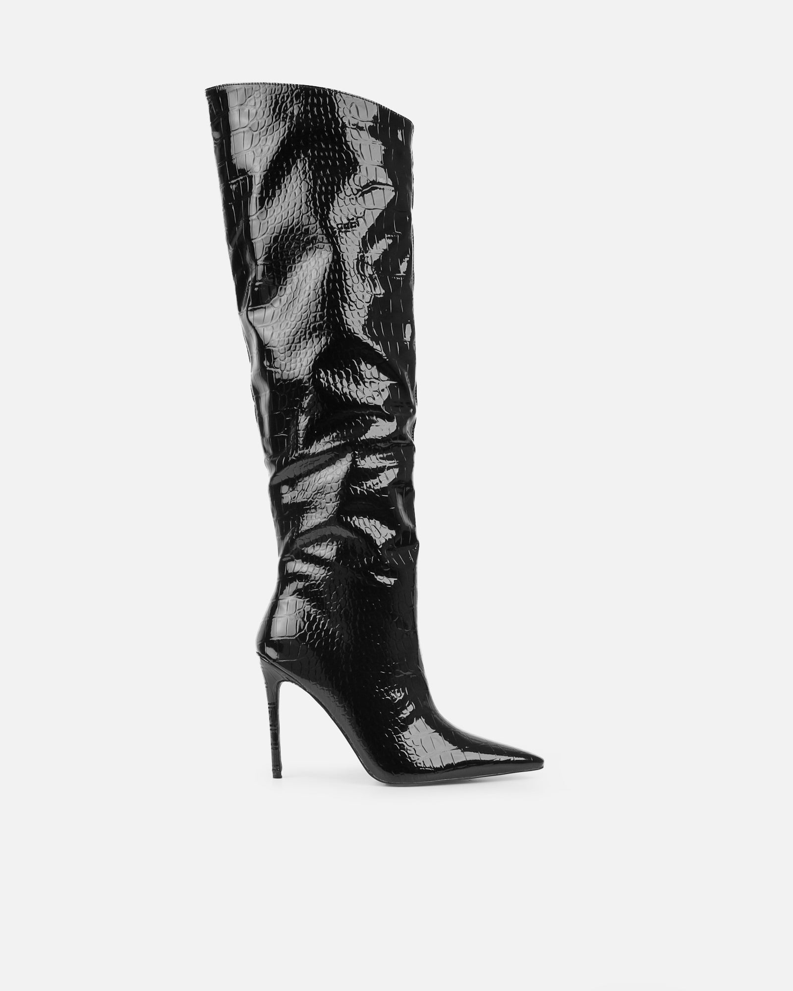Jairo Black Patent Faux Croc Knee High Boots