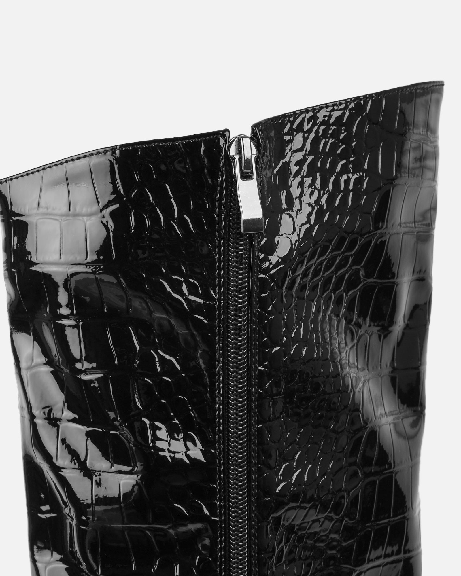 Jairo Black Patent Faux Croc Knee High Boots