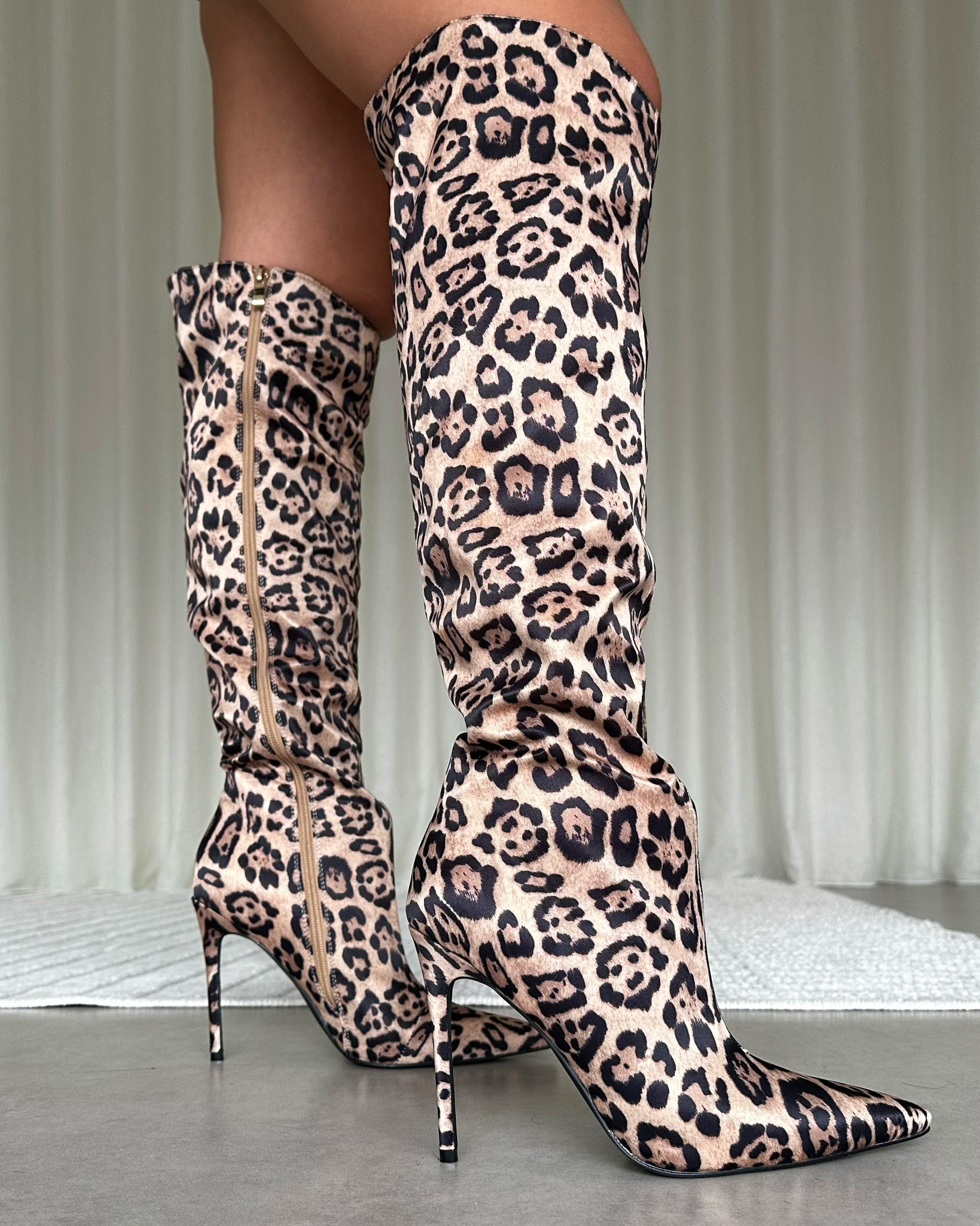 Jairo Leopard Print Satin Knee High Boots