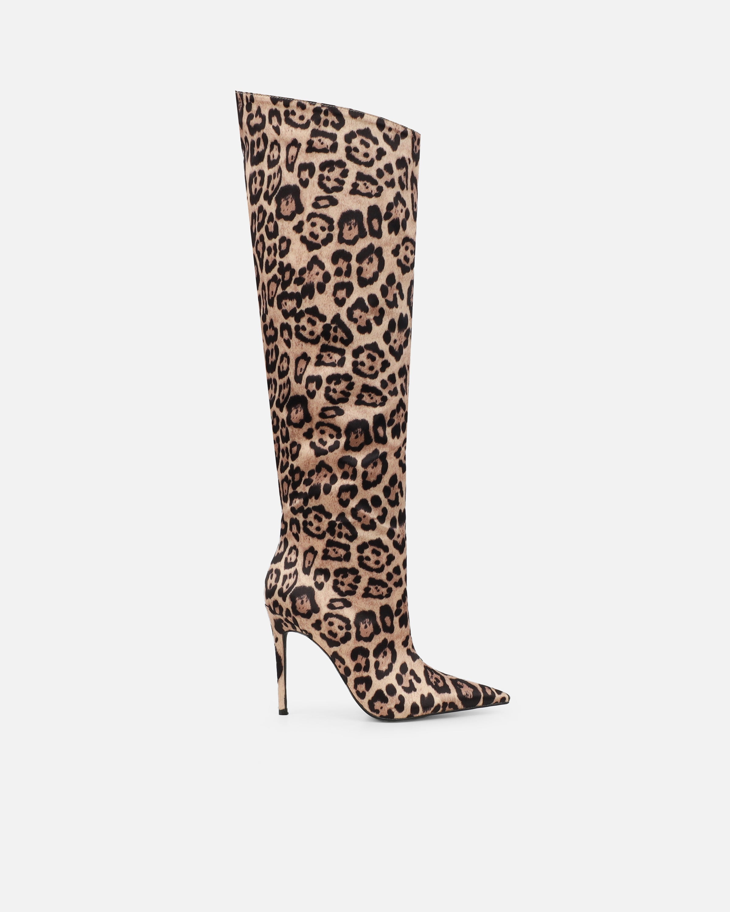 Jairo Leopard Print Satin Knee High Boots