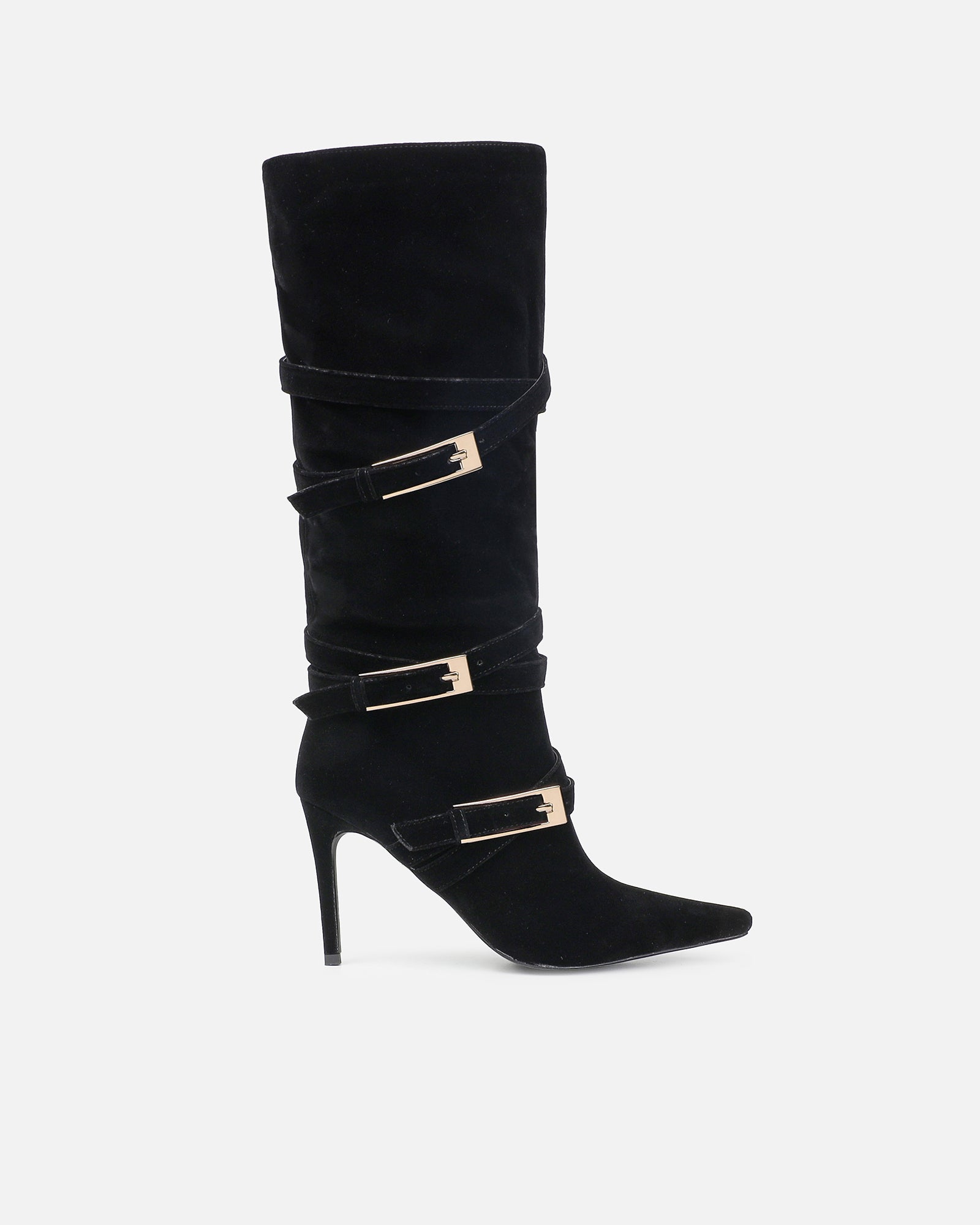Kingston Black Suede Buckle Knee Boots
