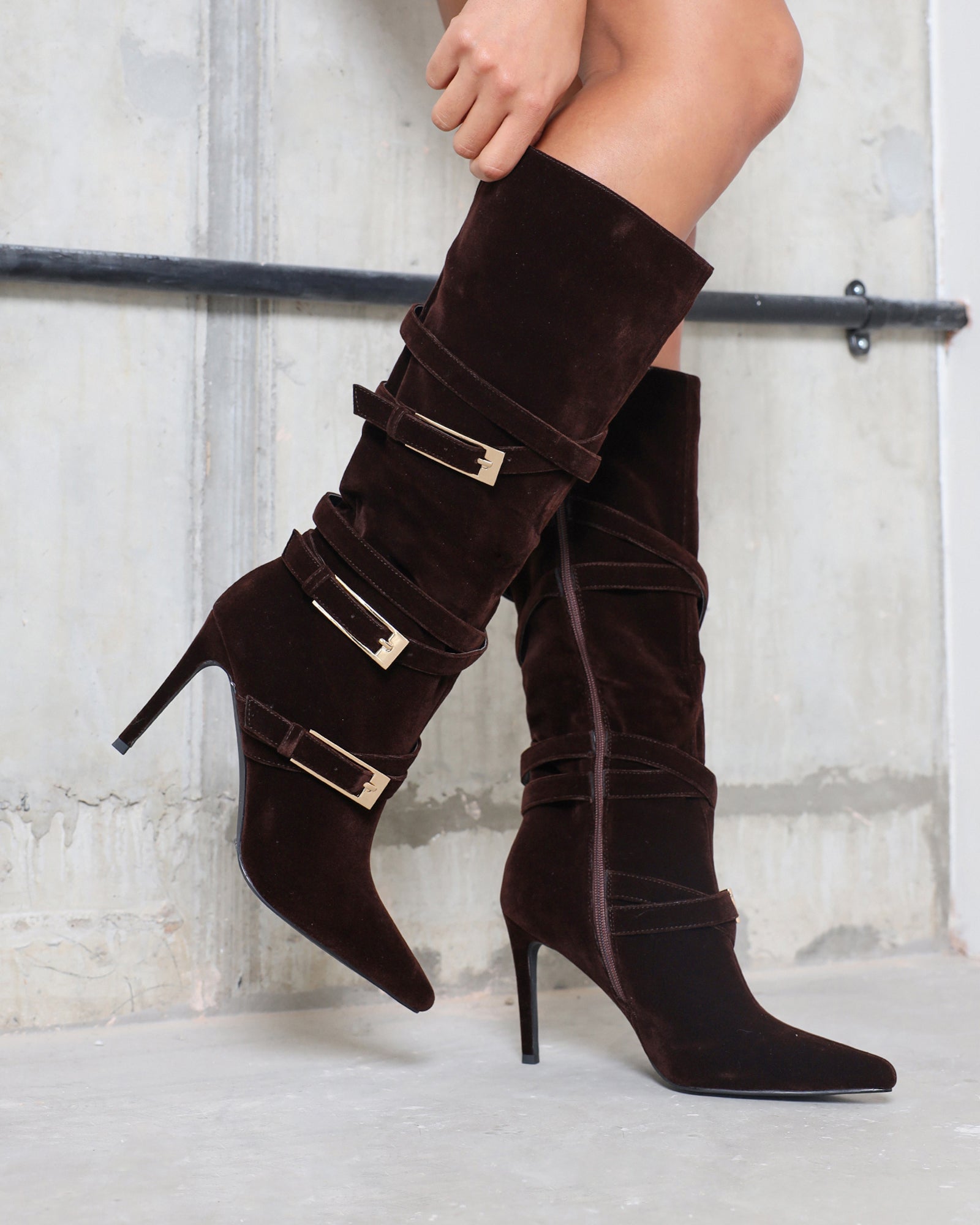 Kingston Chocolate Brown Suede Buckle Knee Boots