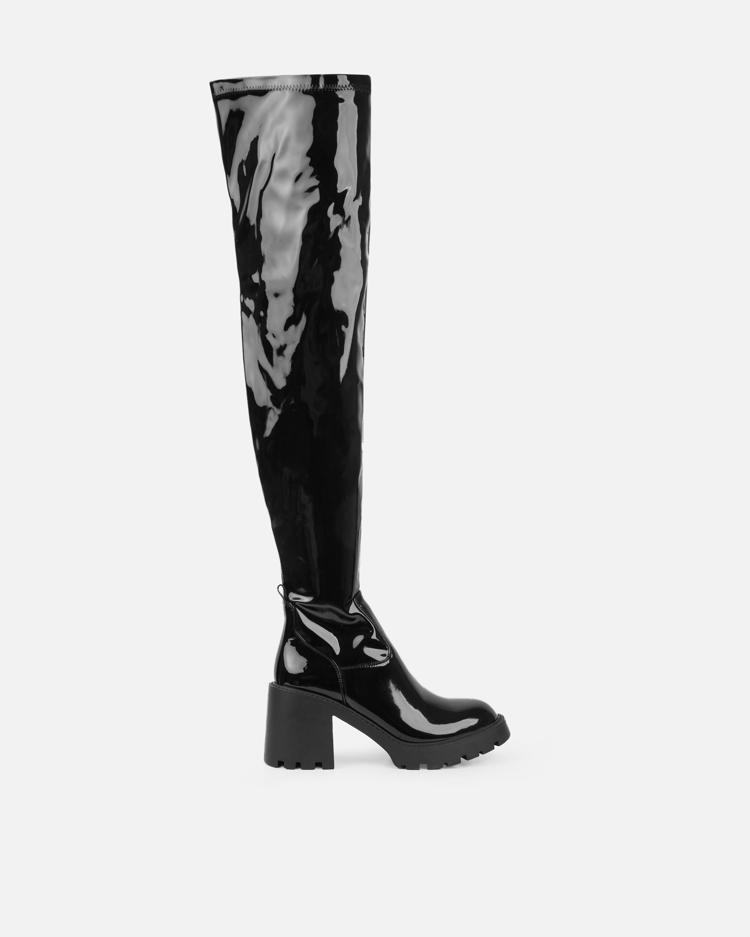 Lancelot Black Patent Mid Heeled Stretch Over The Knee Thigh High Boots