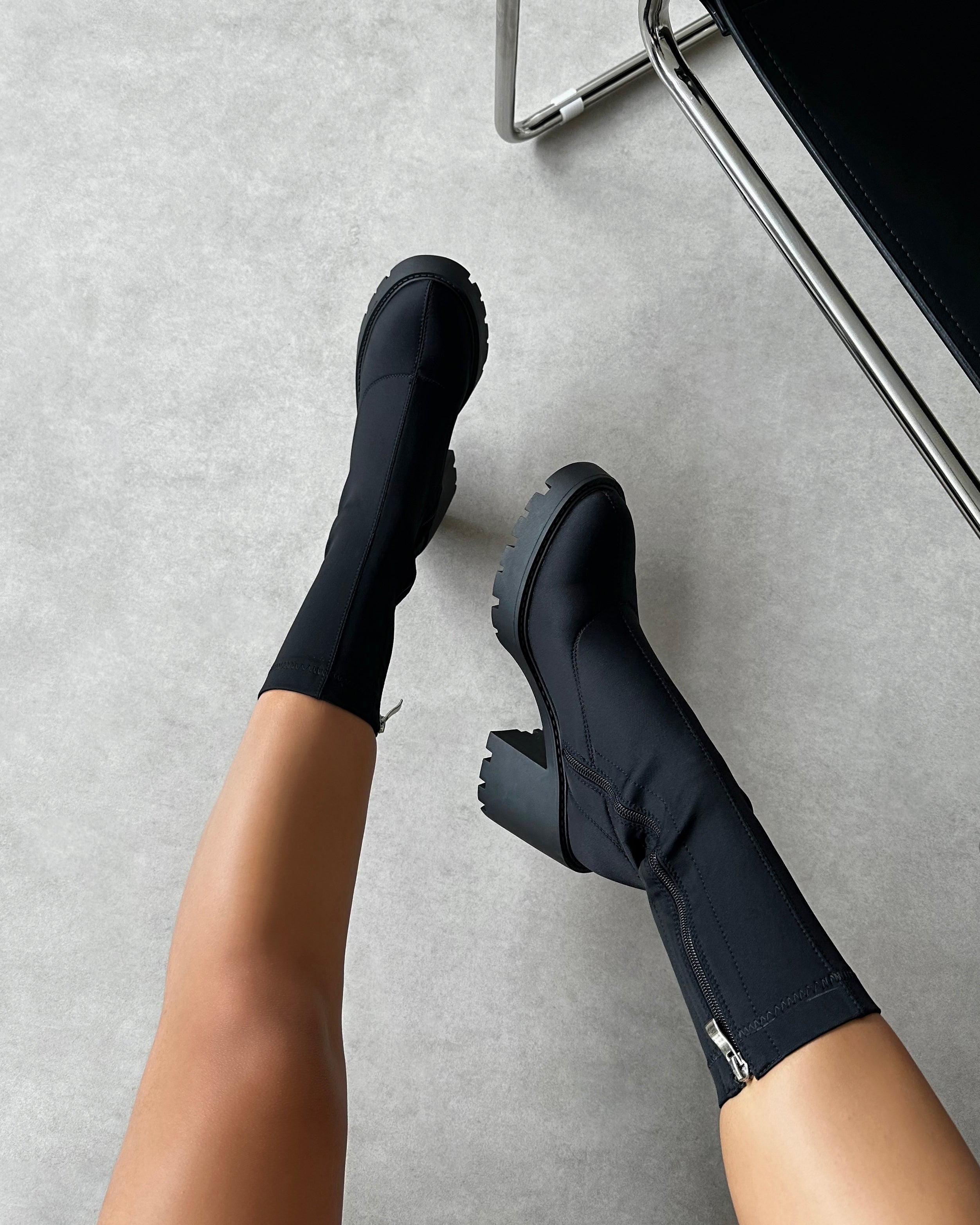 Felipe Black Lycra Block Heel Chunky Ankle Boots