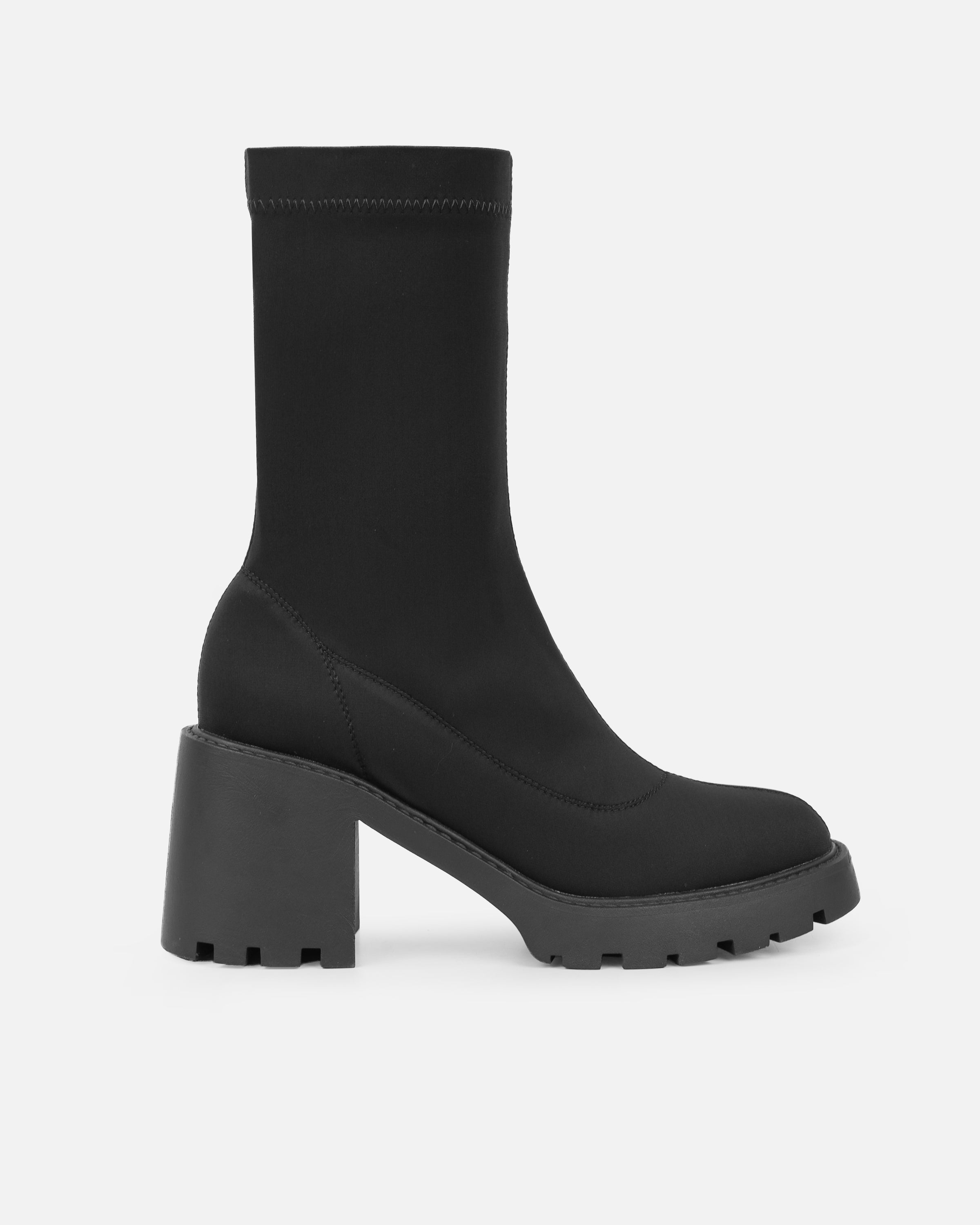 Felipe Black Lycra Block Heel Chunky Ankle Boots