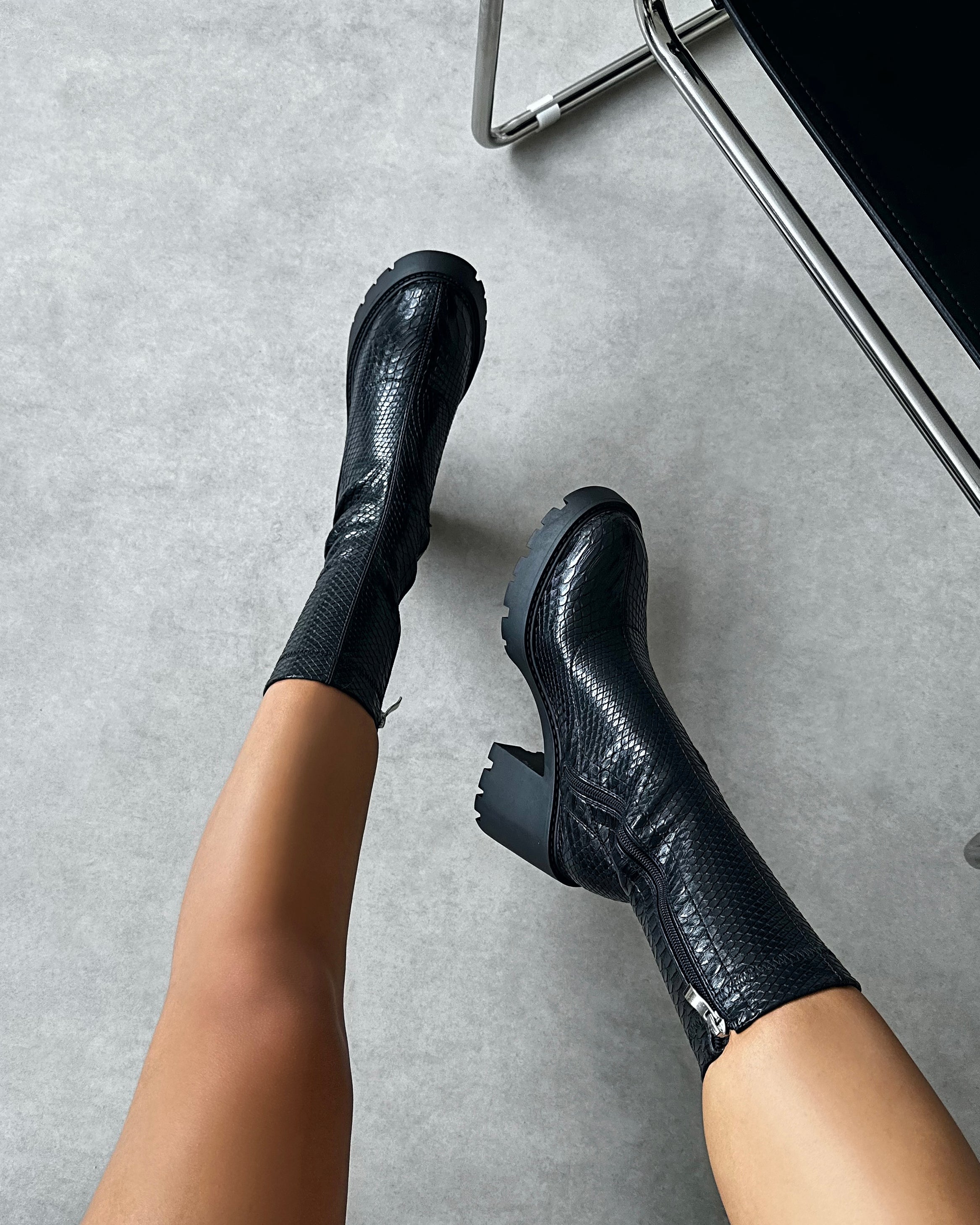 Felipe Black Faux Snake Block Heel Chunky Ankle Boots