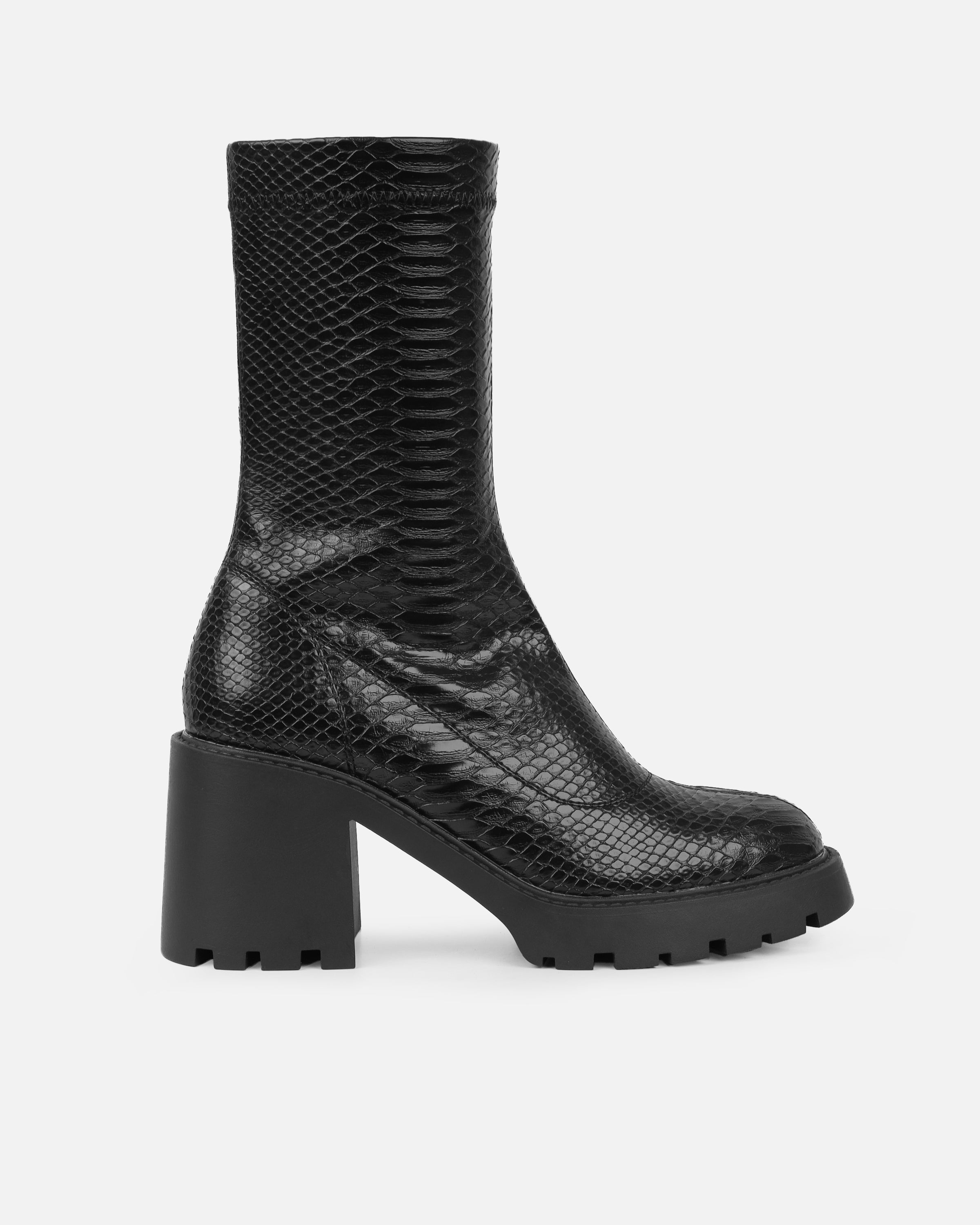 Felipe Black Faux Snake Block Heel Chunky Ankle Boots