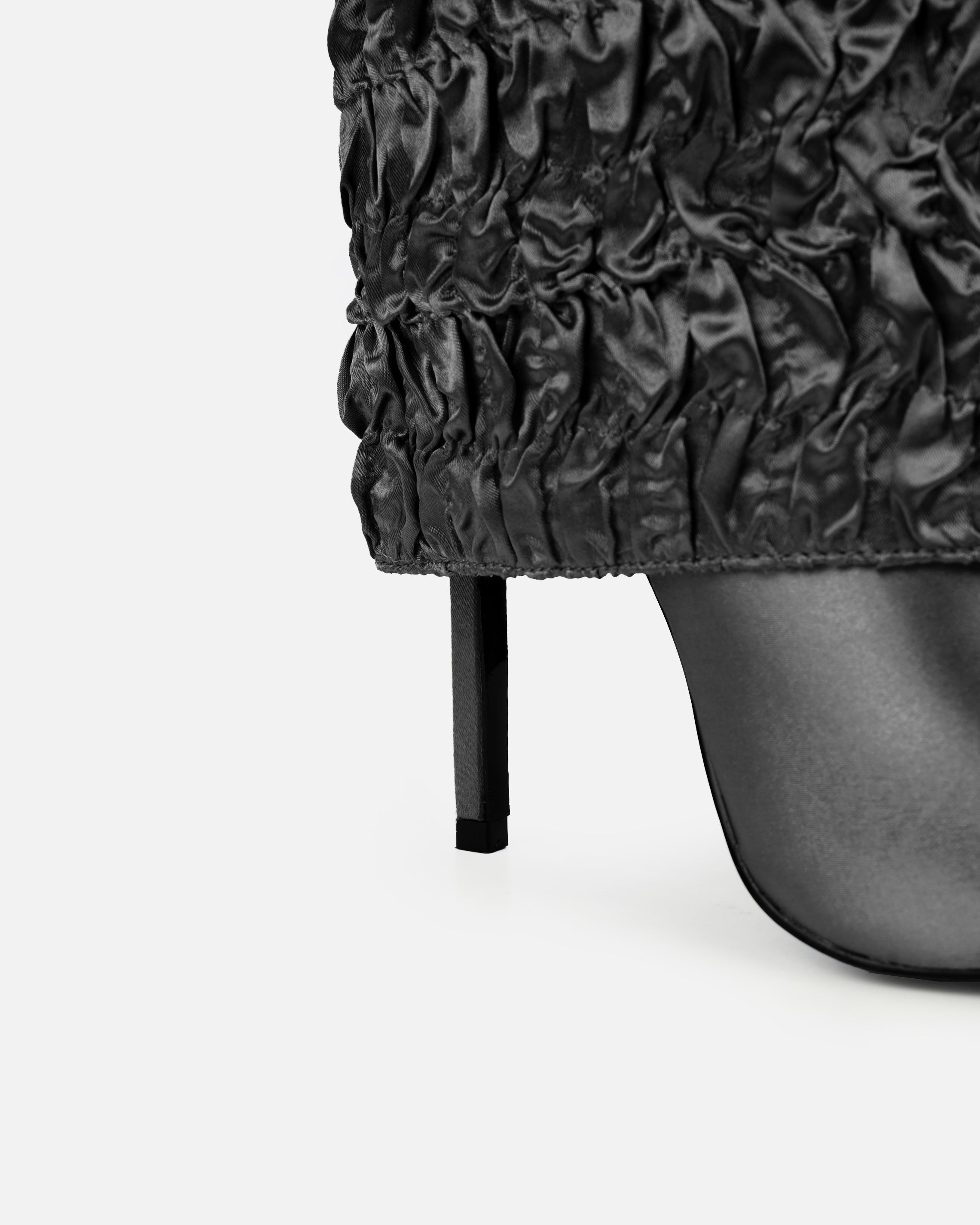 Harrie Black Satin Ruched Stiletto Knee High Boots